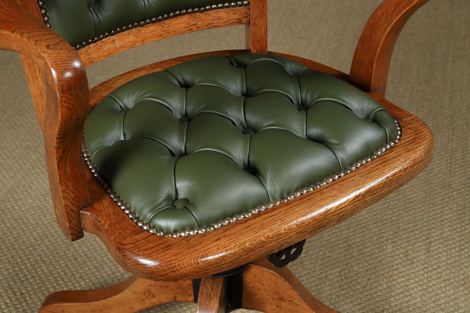 English Edwardian Oak & Green Leather Revolving Office Arm Chair Circa 1910 photo vintage