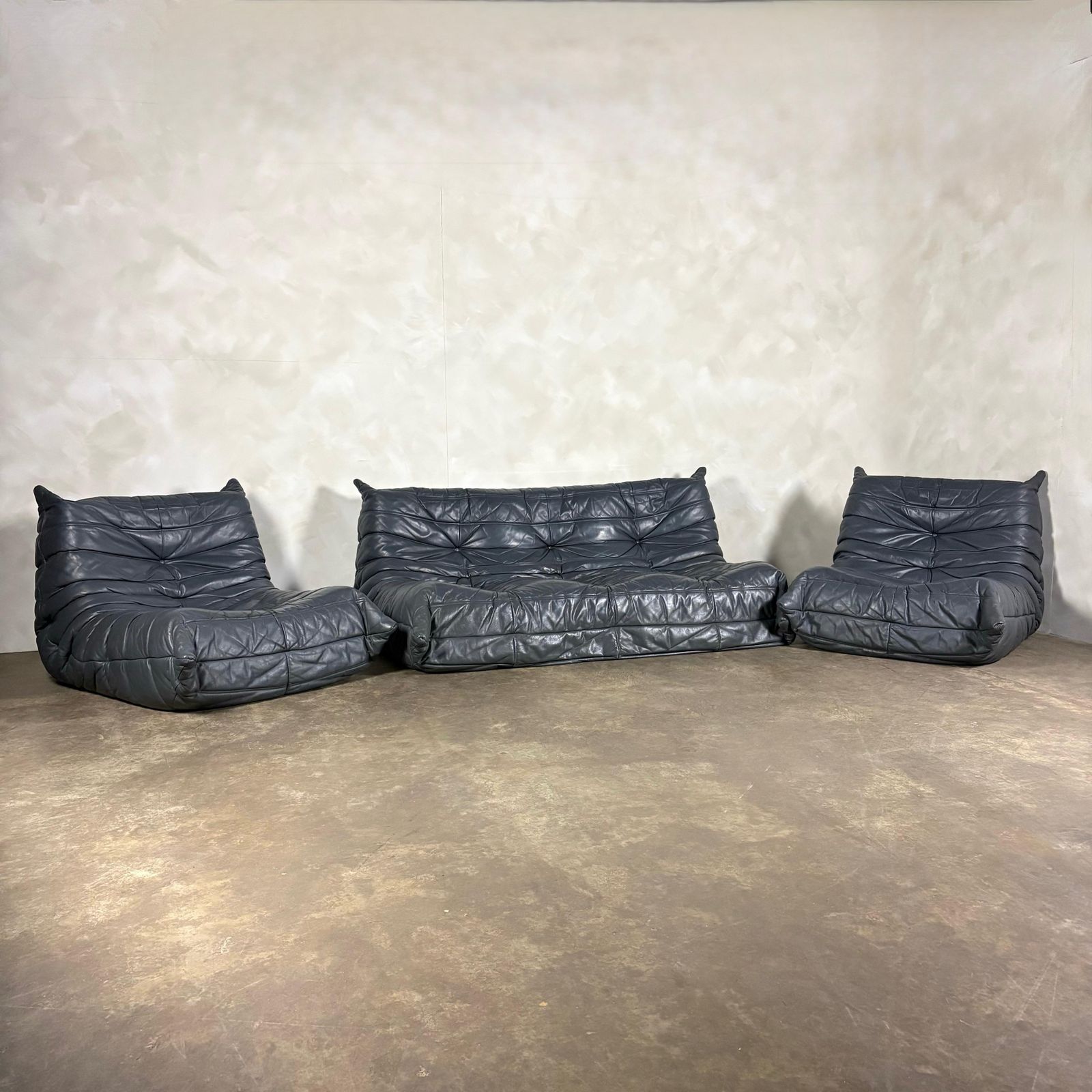 photo furniture Togo Sofa Set Michel Ducaroy Ligne Roset Grey Leather Mid Century Retro Mcm