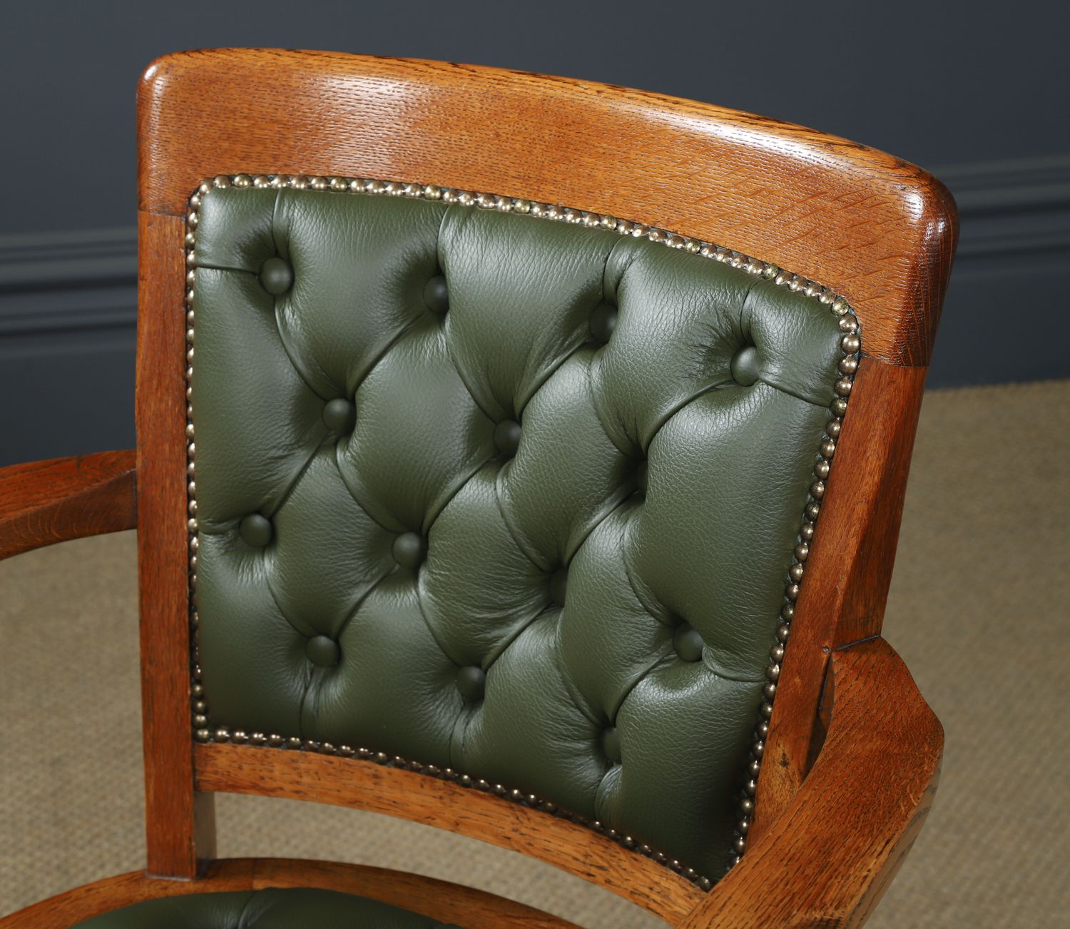 photo vinterior English Edwardian Oak & Green Leather Revolving Office Arm Chair Circa 1910