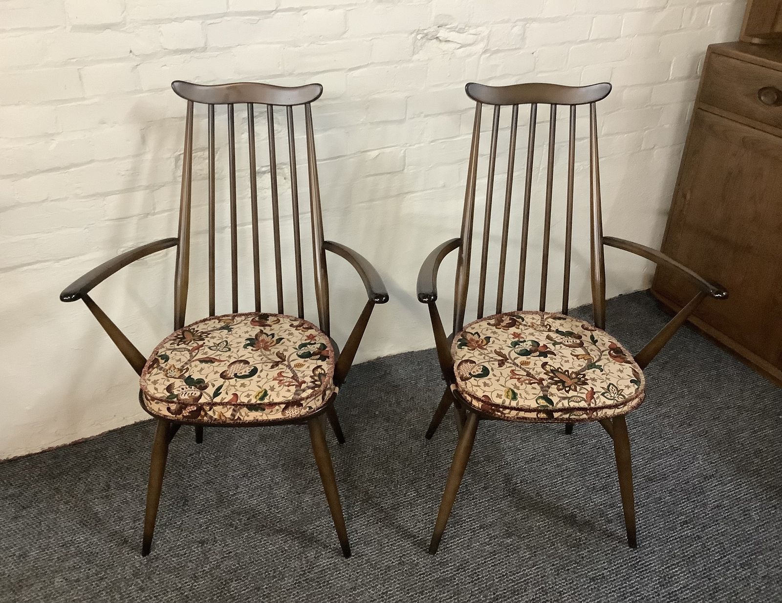 Pair Of Ercol Windsor Goldsmiths Carver Chairs. photo furniture