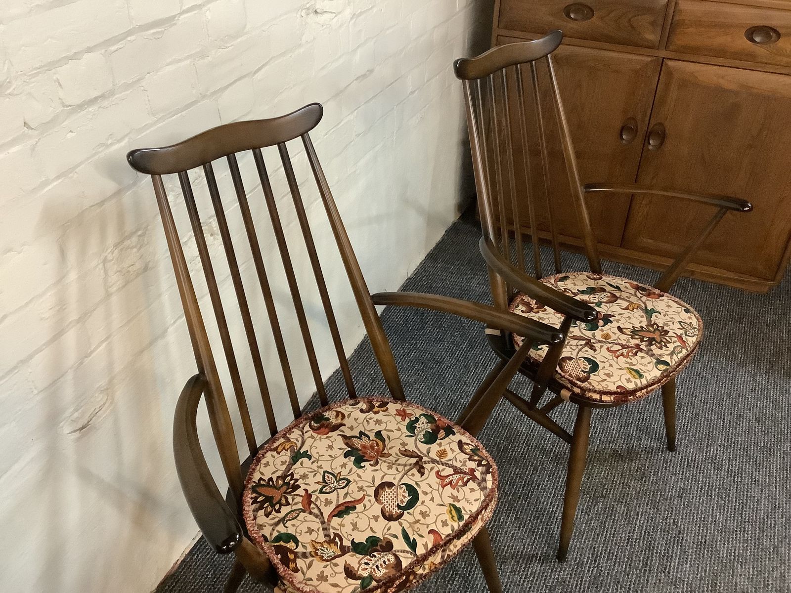 Pair Of Ercol Windsor Goldsmiths Carver Chairs. photo for sale