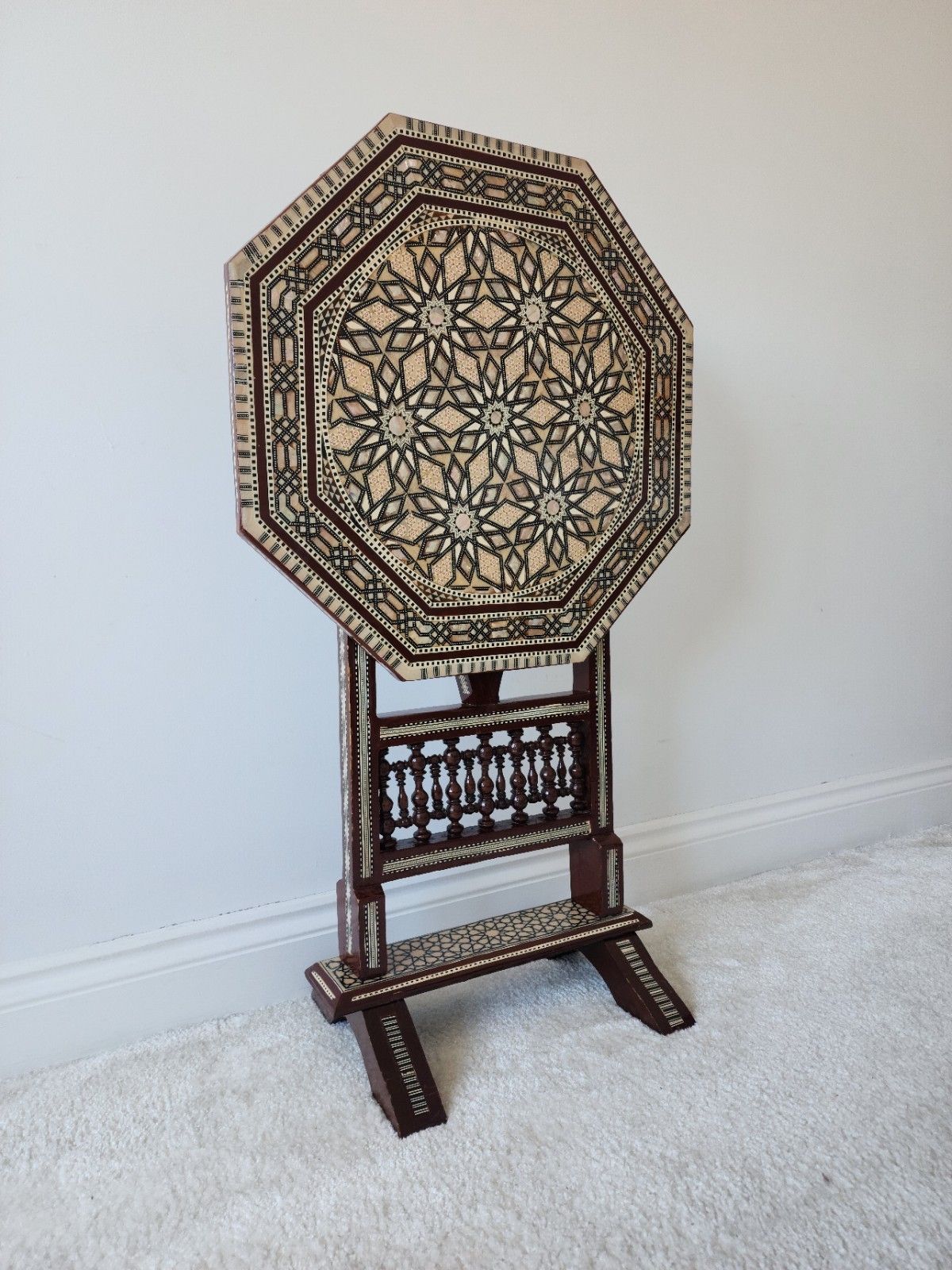 Moroccan Mother Of Pearl Mosaic Inlaid Tilt Top Damascan Folding Side Table