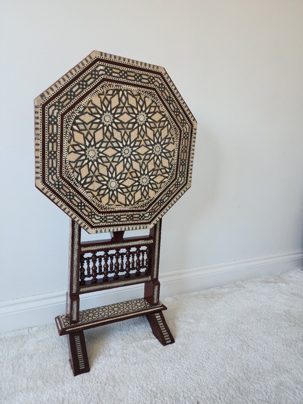 950.0 Moroccan Mother Of Pearl Mosaic Inlaid Tilt Top Damascan Folding Side Table photo