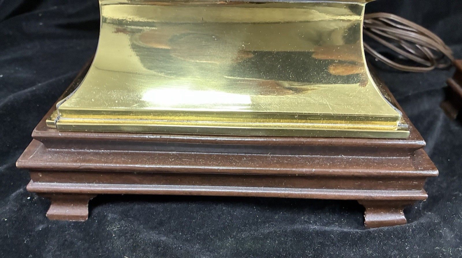 photo for sale Pair Of Large Table Lamps Hollywood Regency Oriental Pagoda Brass On Wood Plinth