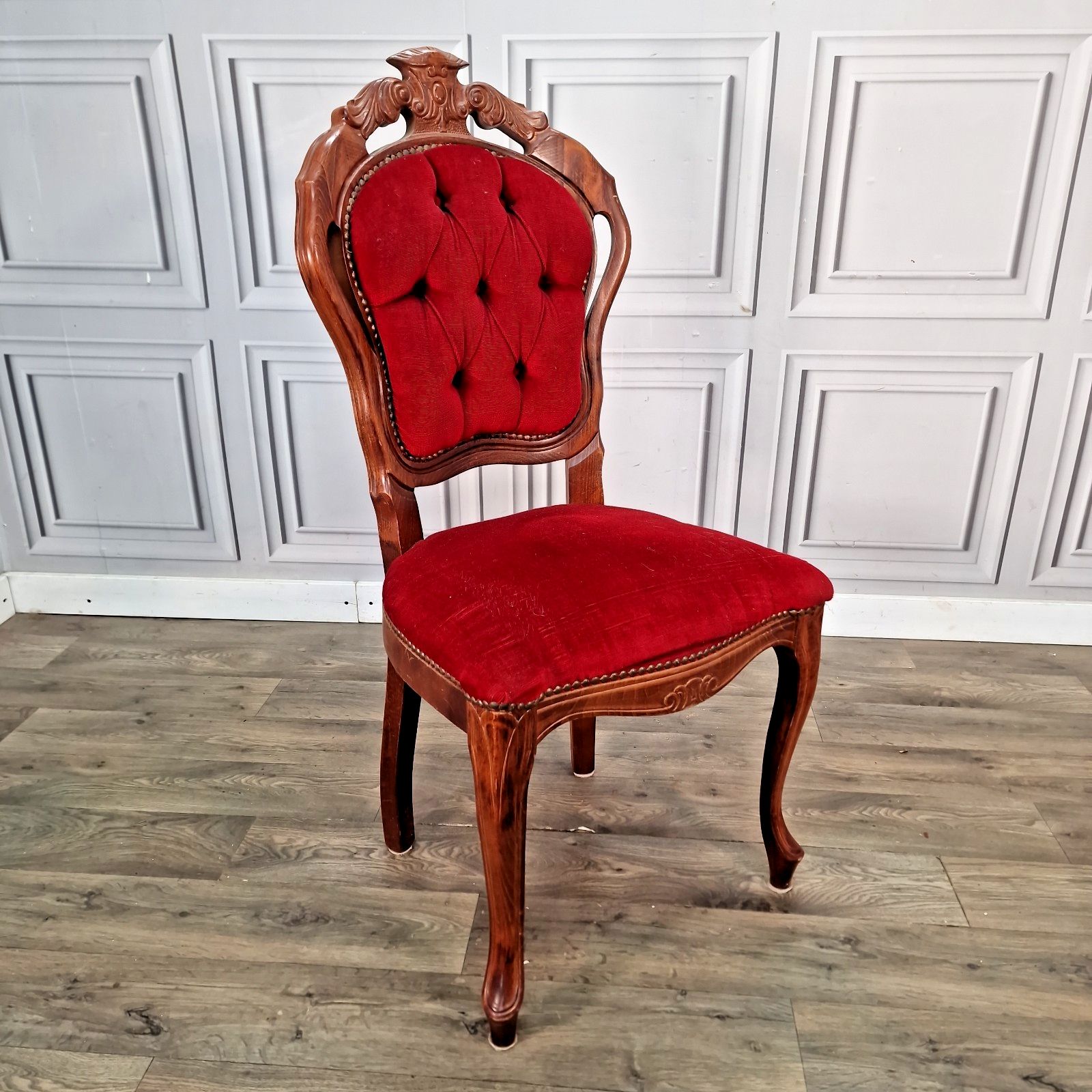 Antique Victorian Style Chair Carved Walnut Red Upholstery Bedroom Seat Louis