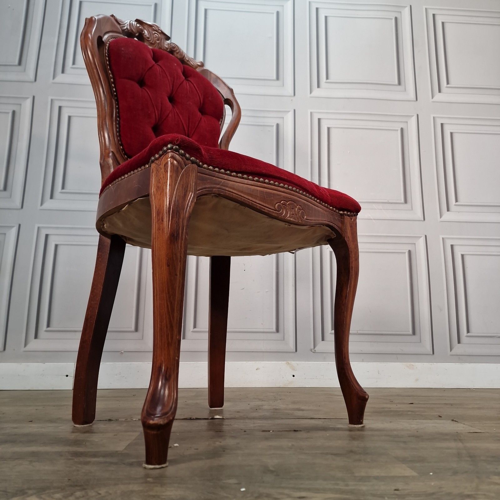 Antique Victorian Style Chair Carved Walnut Red Upholstery Bedroom Seat Louis photo for sale