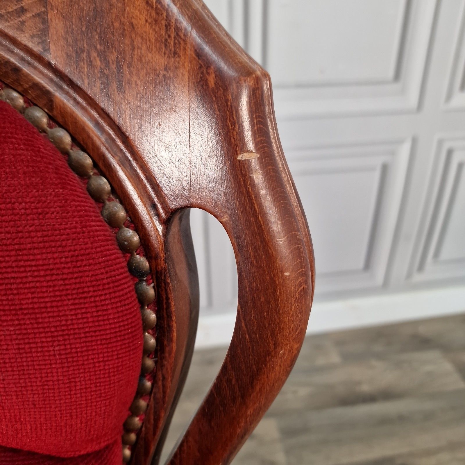 Antique Victorian Style Chair Carved Walnut Red Upholstery Bedroom Seat Louis photo vintage
