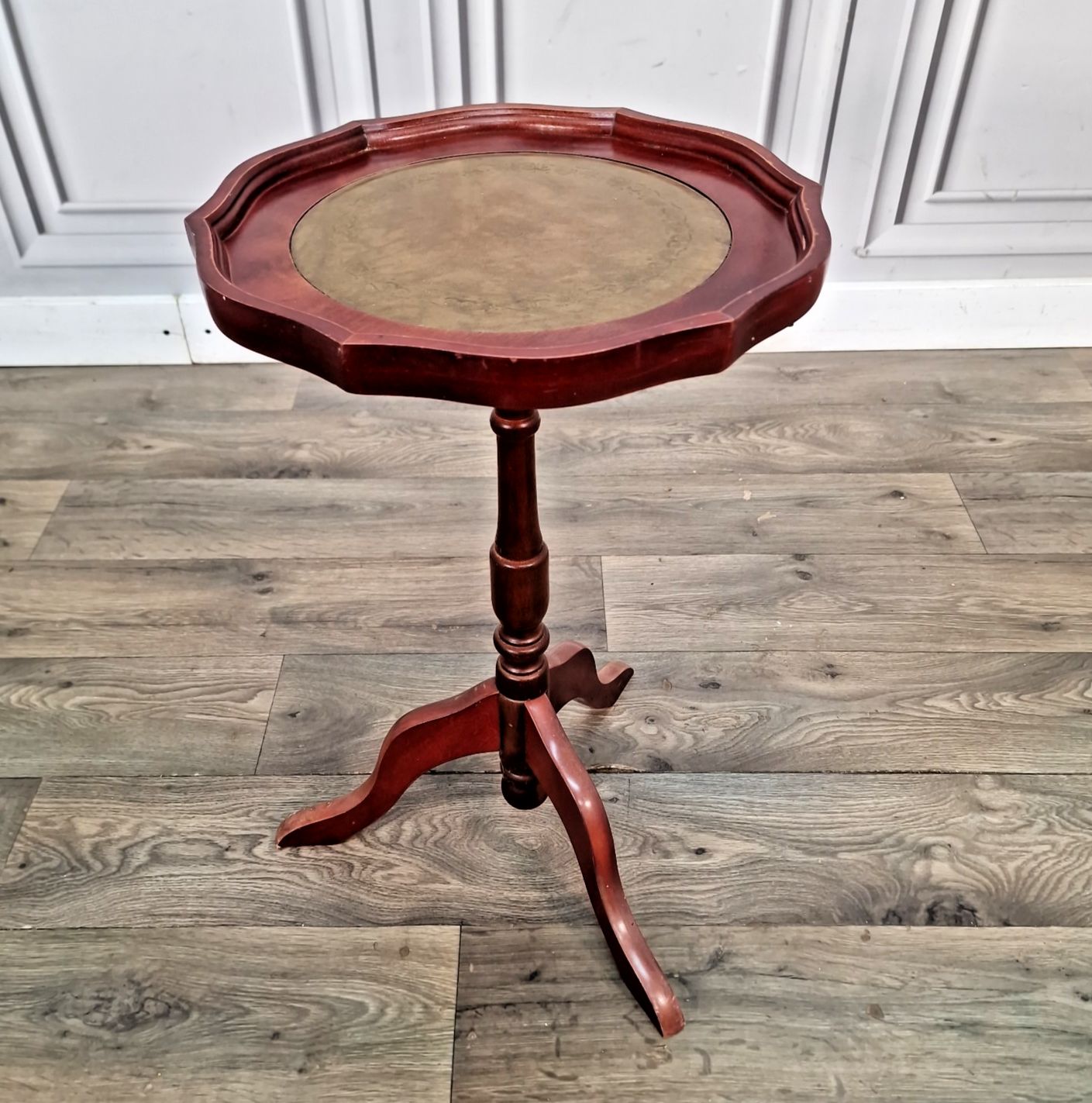 Vintage Wine Side Table Tripod Occasional Antique Style Faux Leather Top