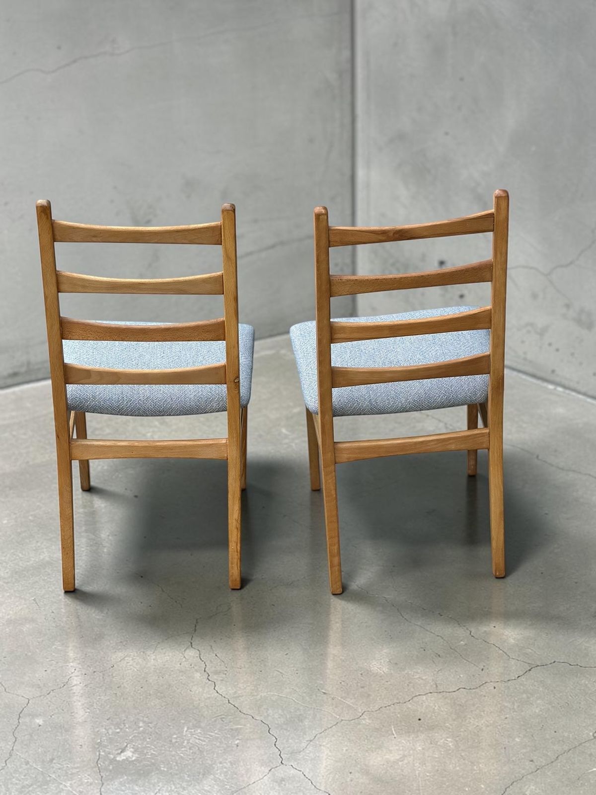 Furniture Pair Of Vintage East German Ladderback Dining Chairs Available In Blue Or Pink Linwood Upholstery photo
