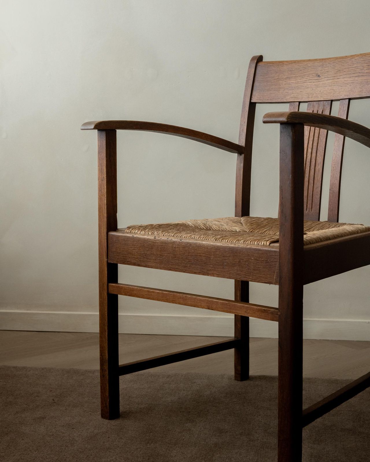 Dutch Art Deco Oak And Rush Armchair Amsterdam School, Netherlands, 1920s photo vintage