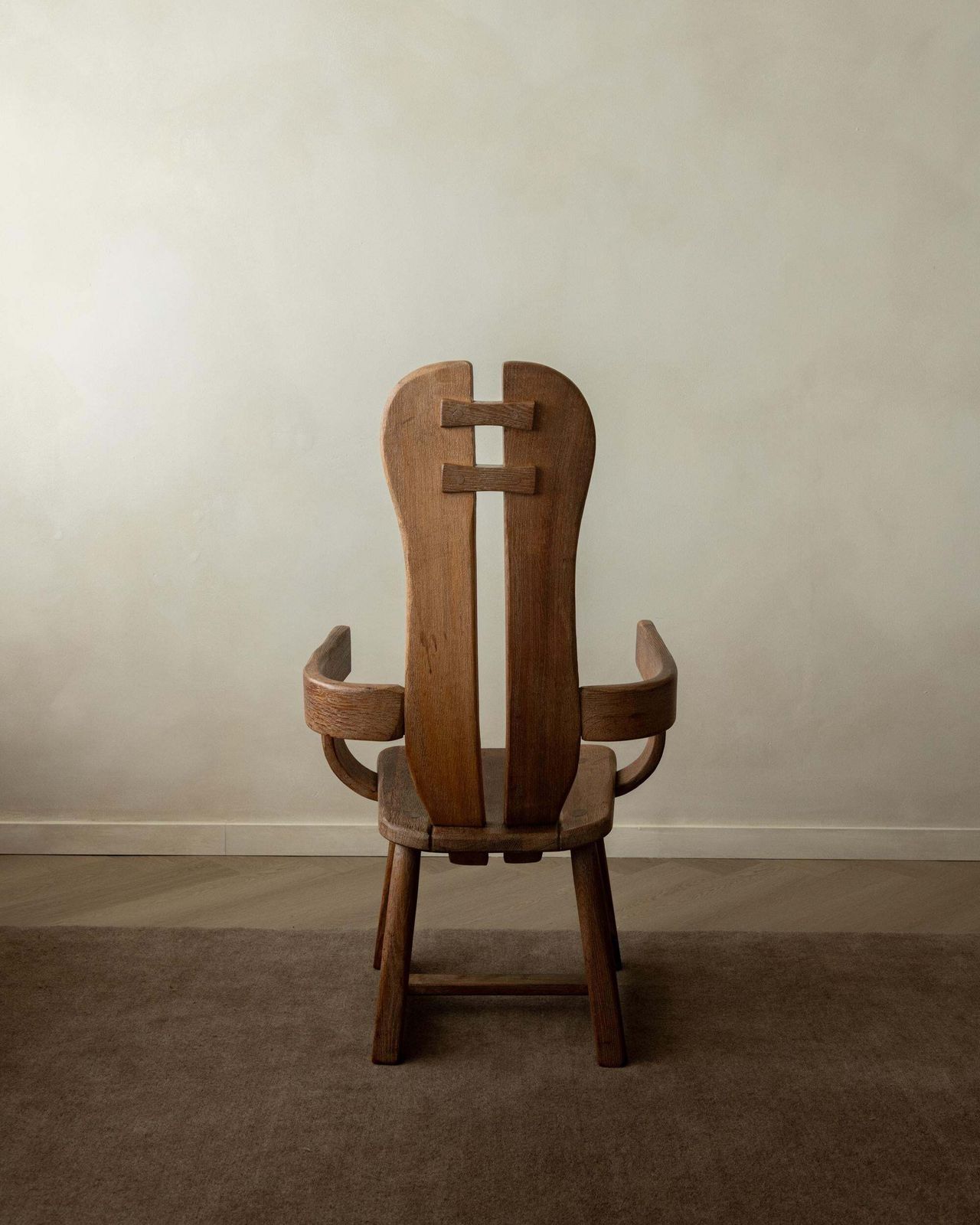 Brutalist Oak Armchair With Sculptural High Back By De Puydt, Beglium, 1960s photo Furniture
