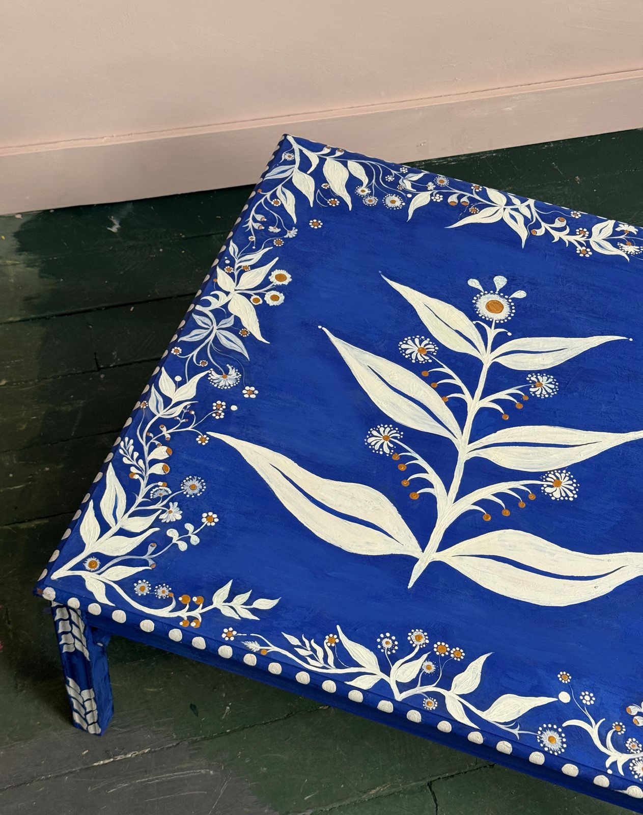 Hand Painted Floral Coffee Table In Frida Blue photo Furniture