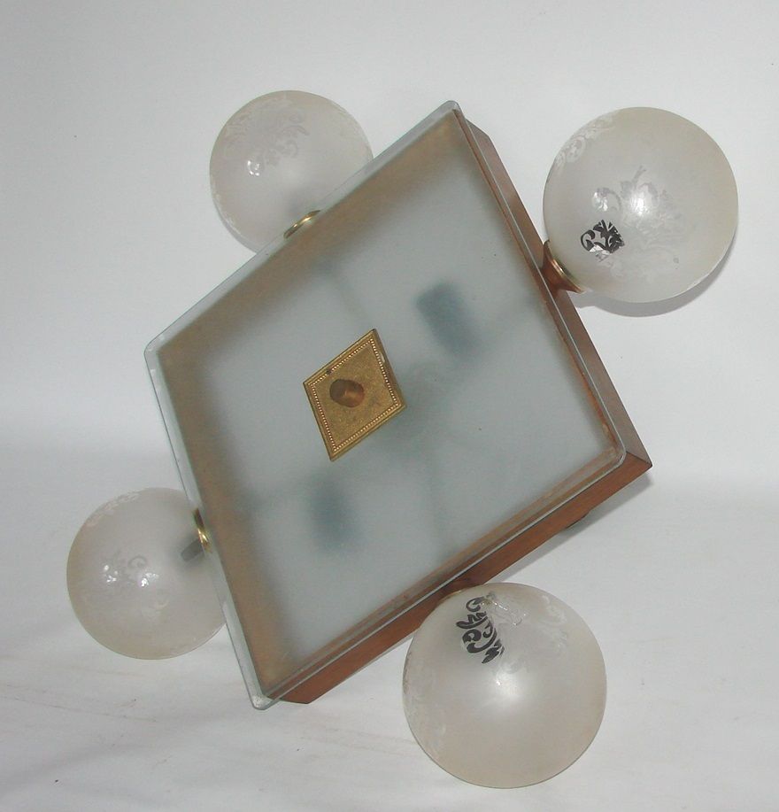 298.95 Mid Century Vintage Chandelier, 1950s, Brass, Wood And Frosted Glass, 4x E14 photo