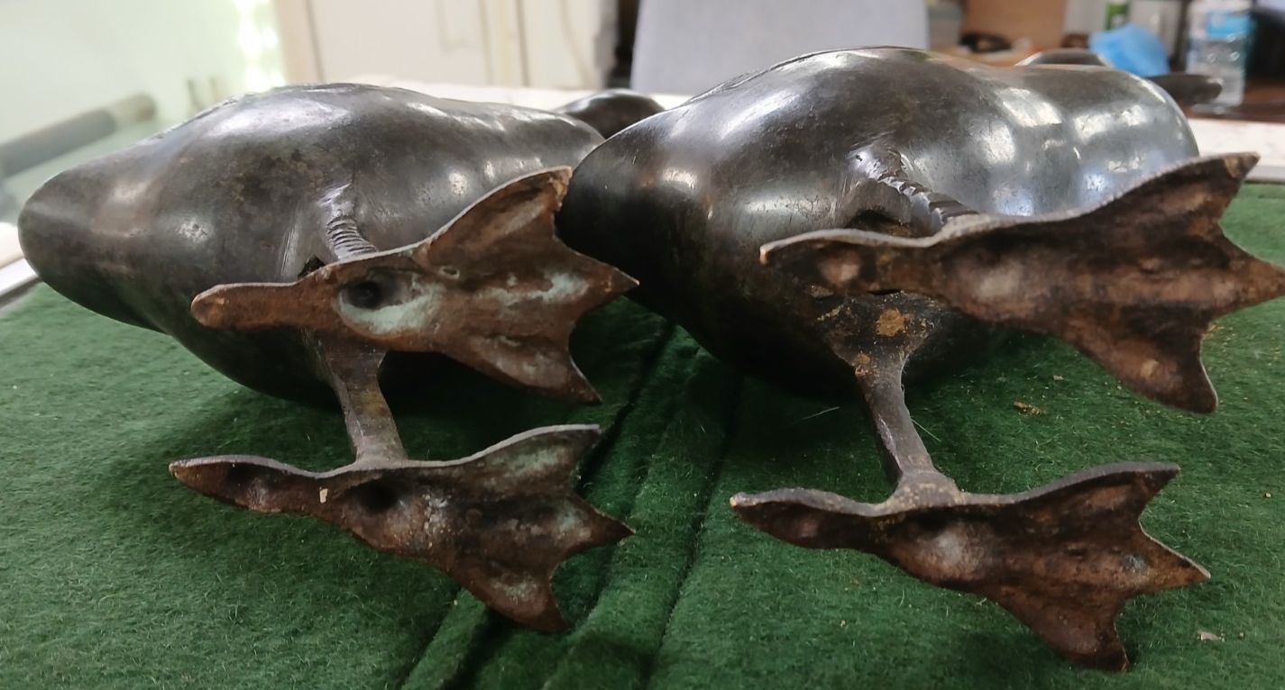 295.0 A Pair Of  Antique Japanese Hollow Cast Bronze Gees Sculptures photo