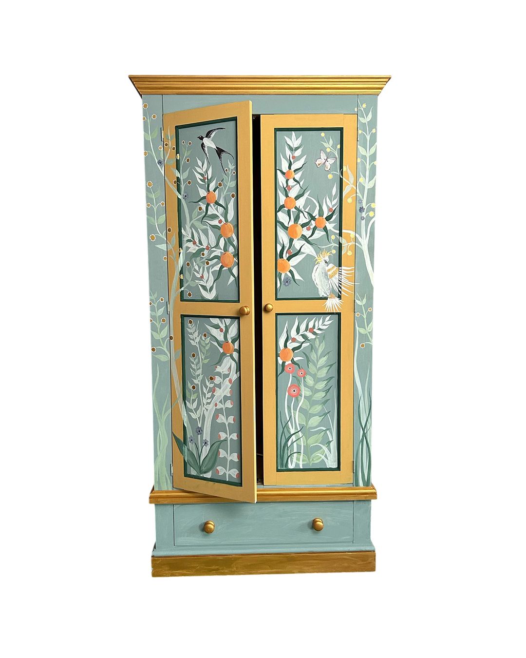 Hand Painted Chinoiserie Wardrobe With Parakeet & Botanical Design
