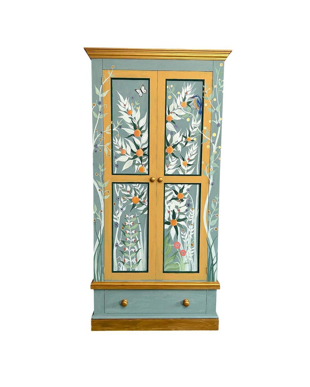 Hand Painted Chinoiserie Wardrobe With Kingfisher & Botanical Design