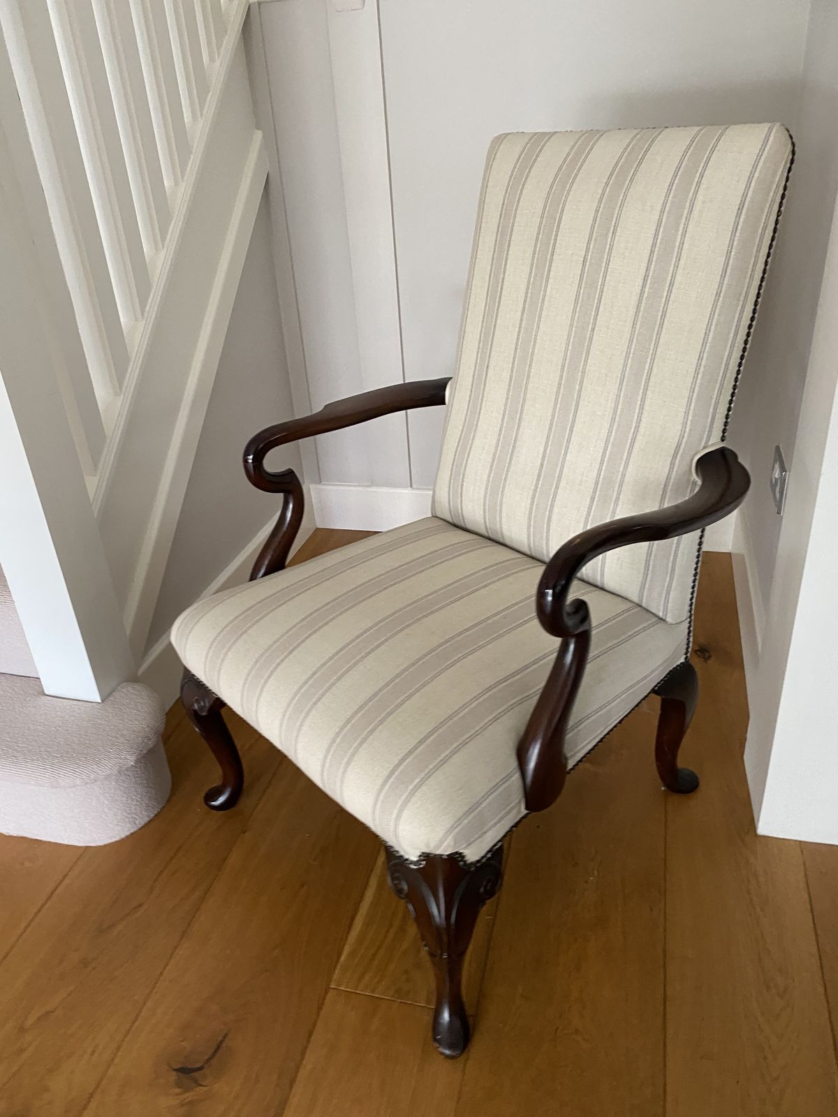 Duresta High Back Armchair Cream Striped Fabric Queen Anne Style Chair photo furniture