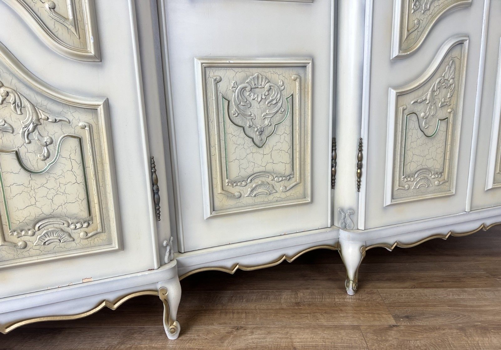Furniture Wardrobe Vintage French Shabby Chic Five Door Carved Armoire Cabinet Lot 6121 photo