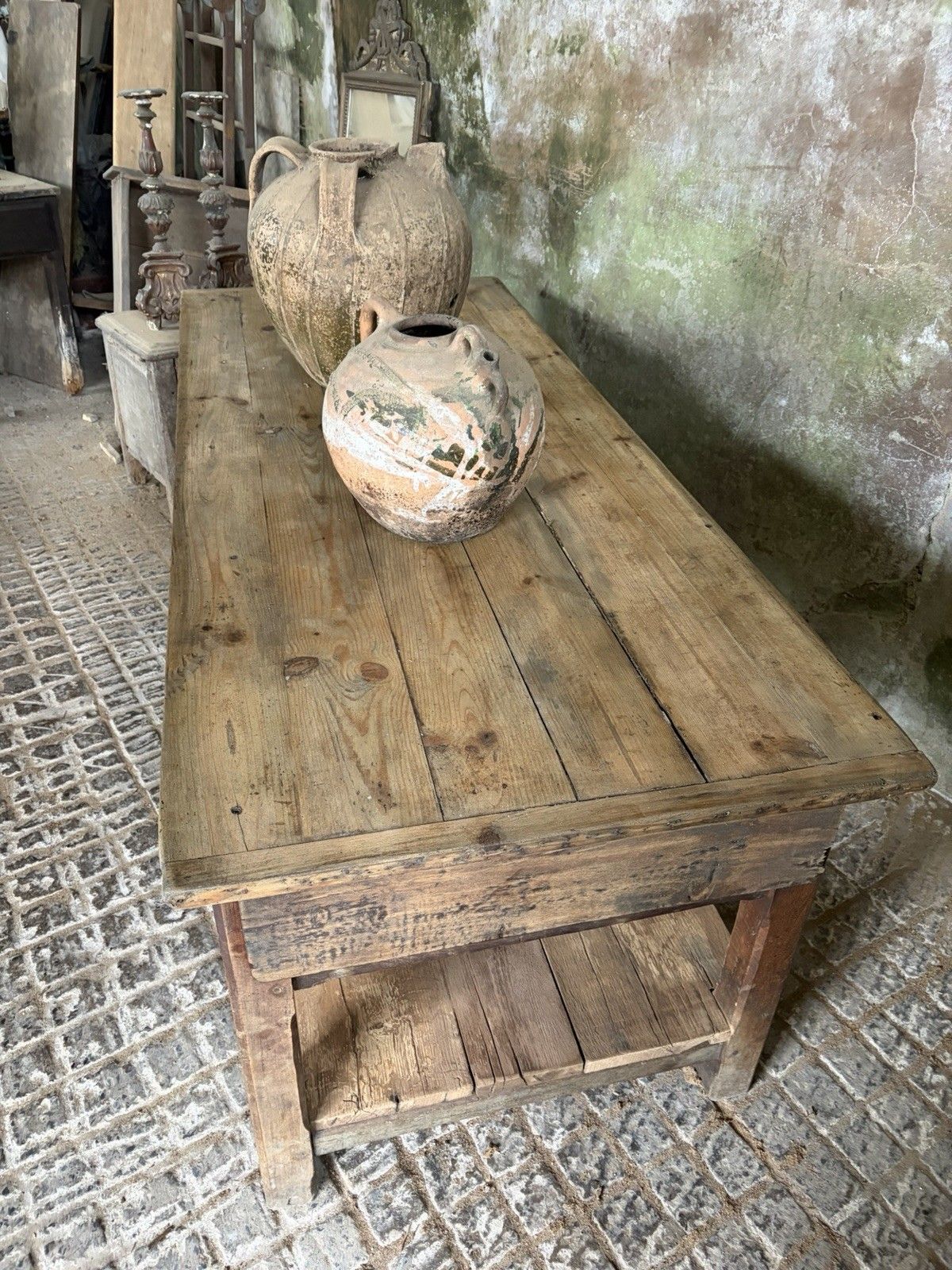Antique French Farmhouse Kitchen Island Table — Pine & Oak, Two Drawers, 192cm photo vintage