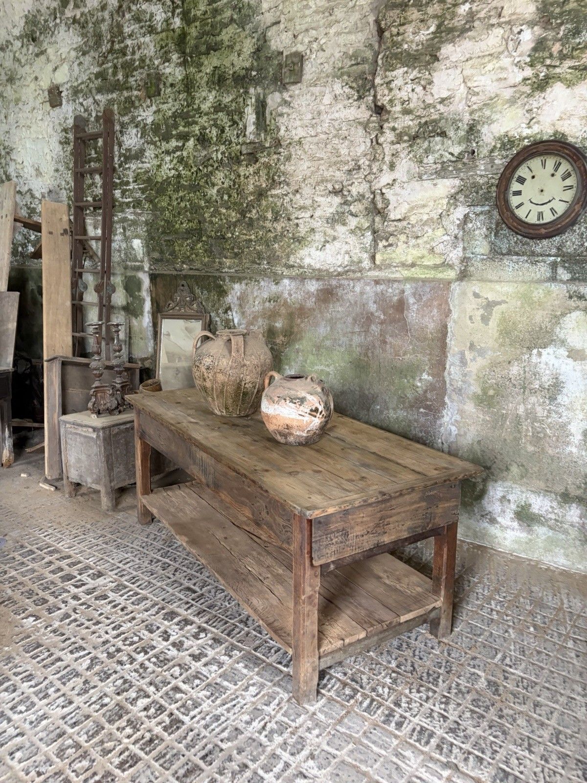 photo furniture Antique French Farmhouse Kitchen Island Table — Pine & Oak, Two Drawers, 192cm