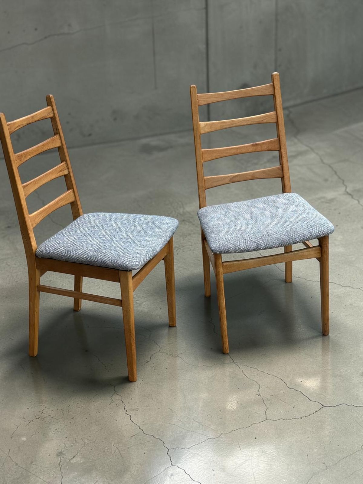 Pair Of Vintage East German Ladderback Dining Chairs In Blue Linwood Upholstery photo vinterior