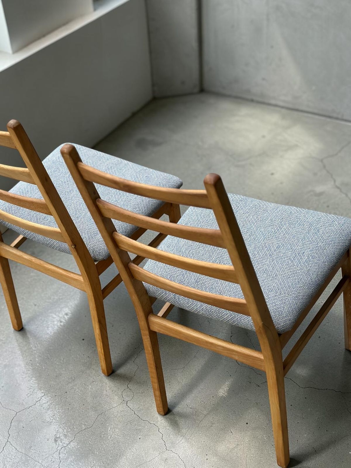 295.0 Pair Of Vintage East German Ladderback Dining Chairs In Blue Linwood Upholstery photo