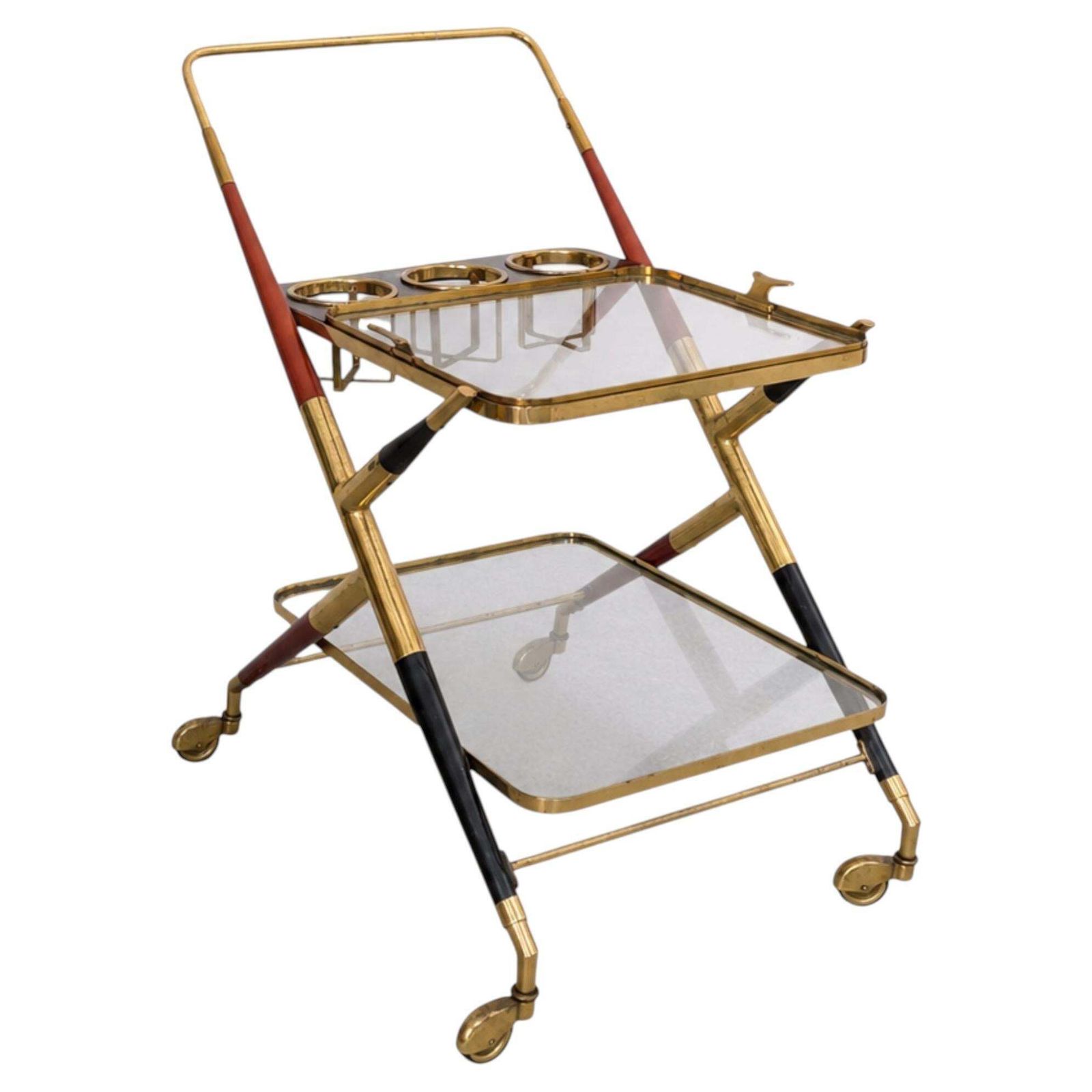 Italian Mid Century Modern Bar Cart Brass Glass Tray By Cesare Lacca, 1950s