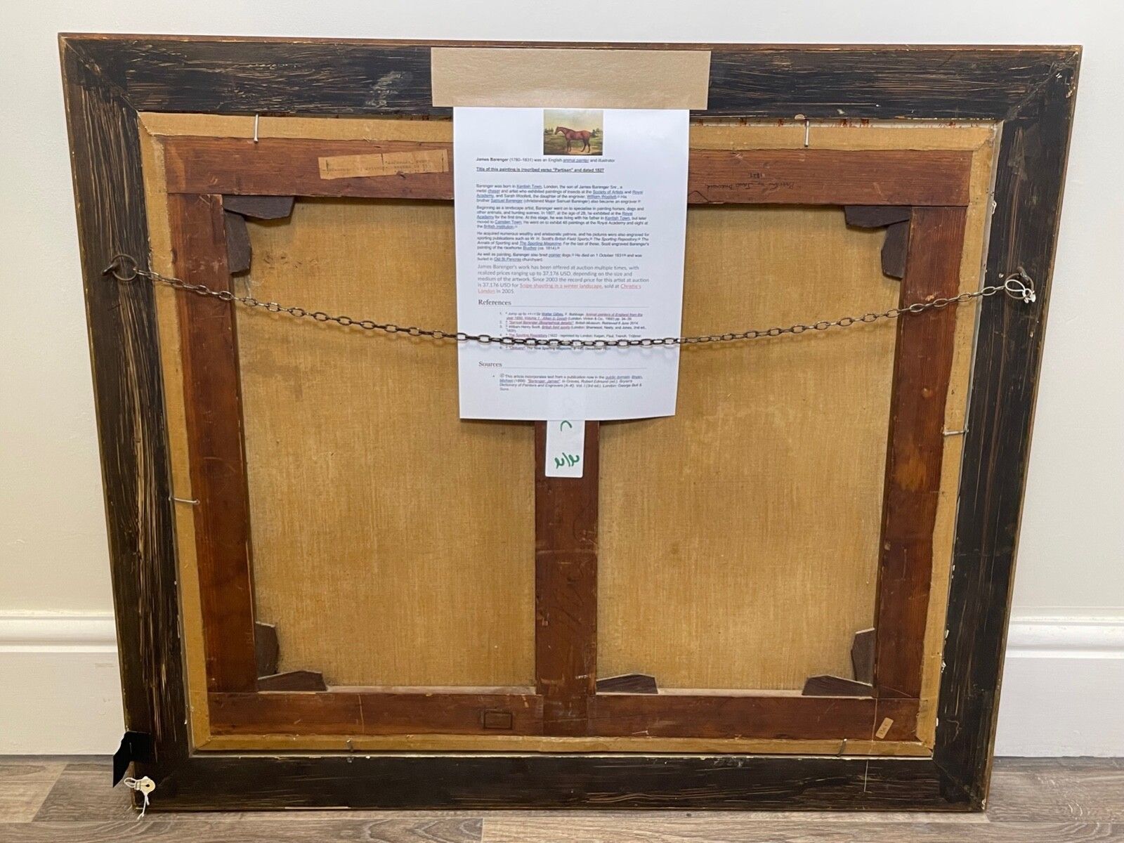 photo for sale Vroeg-19e-eeuws ruiterij-olieschilderij van het renpaard Partisan, gefokt door de 4e Duke of Grafton, ca. 1827, gesigneerd door James Barenger.