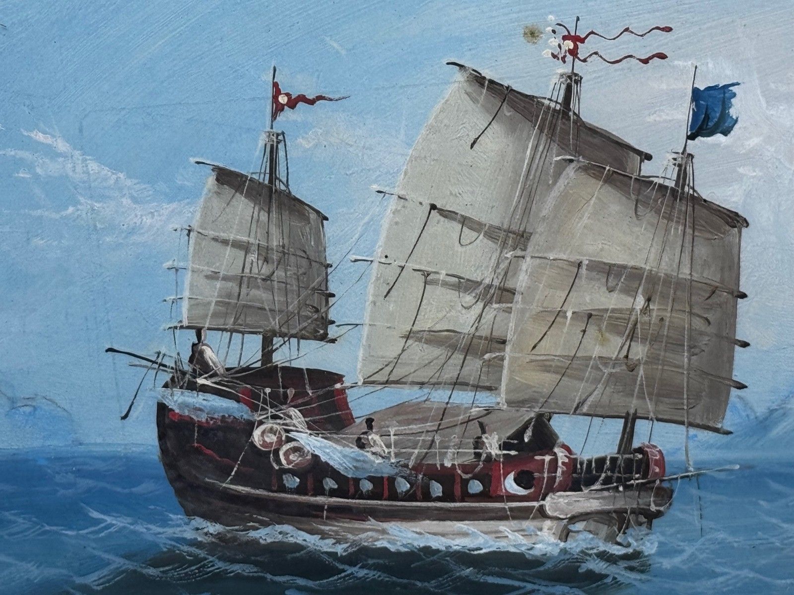 Marine Painting Inbound Junk At Mouth Of Pearl River Hong Kong Attributed Ah Hee Studio C1914 photo for sale