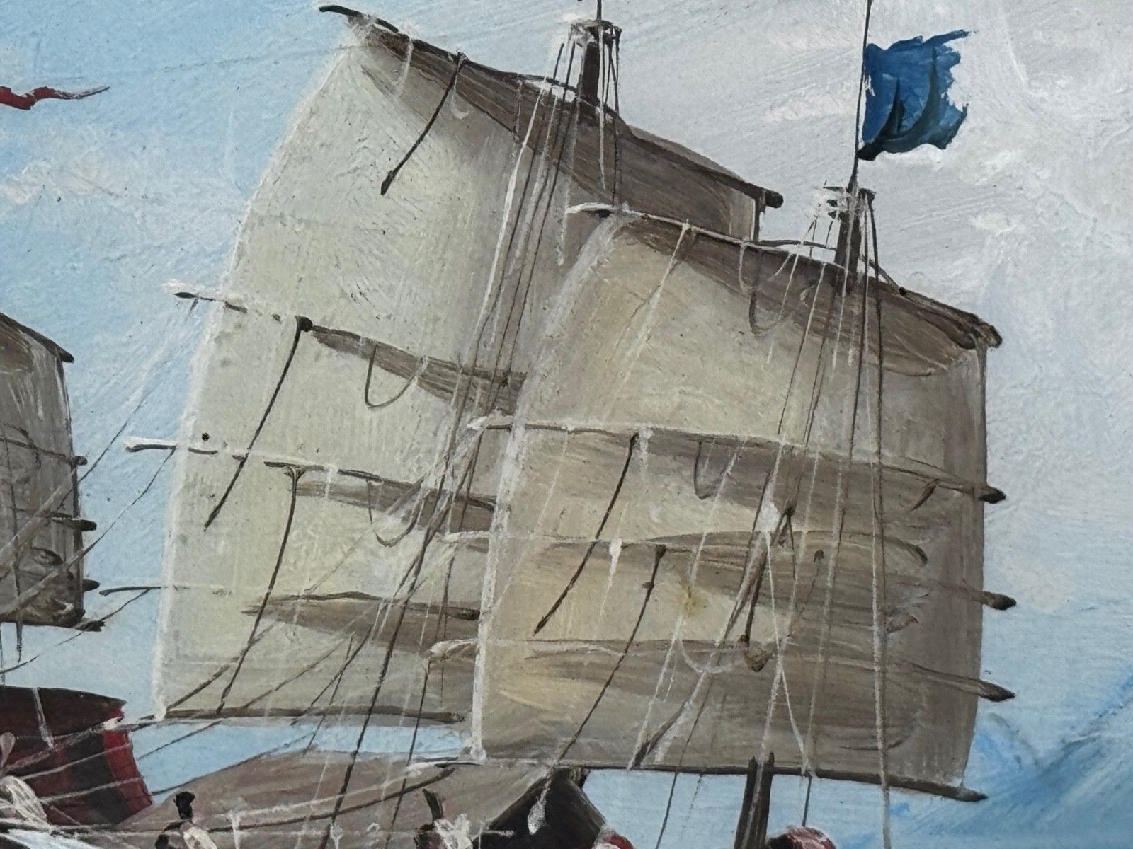 photo vintage Maritiem schilderij, binnenkomende jonk bij de monding van de Parelrivier, Hongkong, toegeschreven aan Ah Hee Studio, ca. 1914