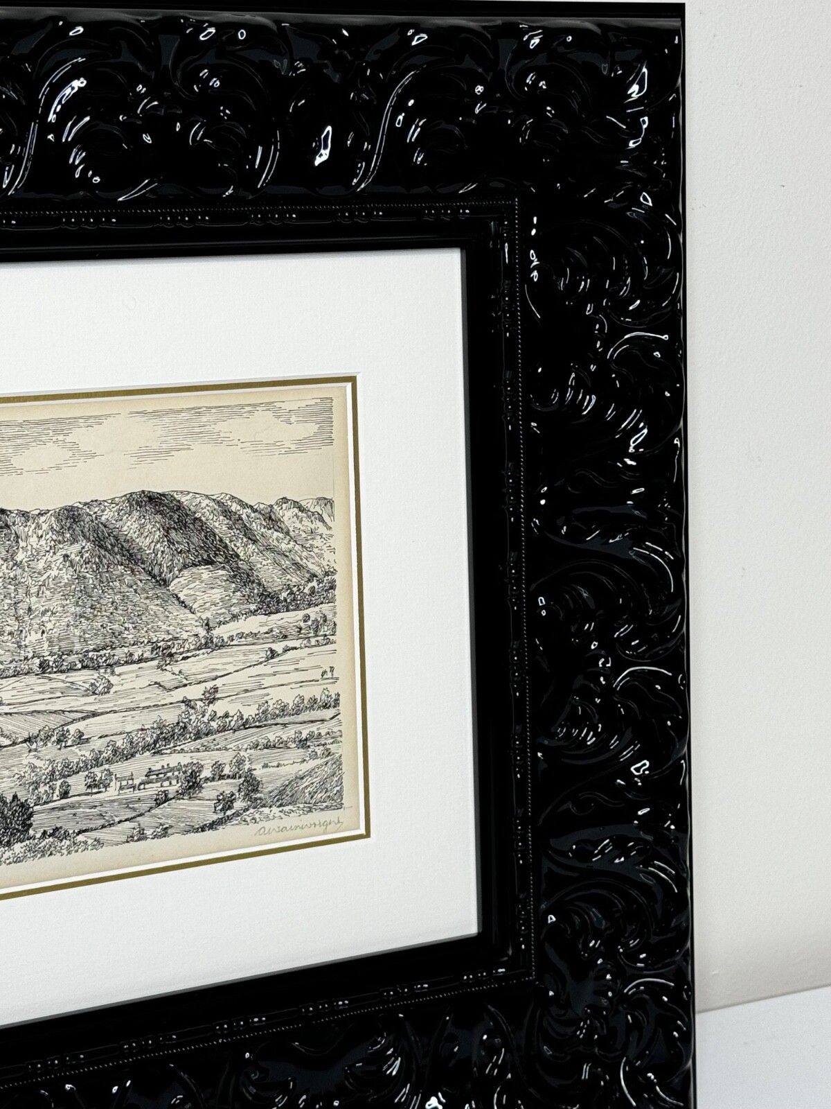 Mid-Century pentekening Low Fell From Lanthwaite Hill Lake District, gesigneerd door Alfred Wainwright photo furniture