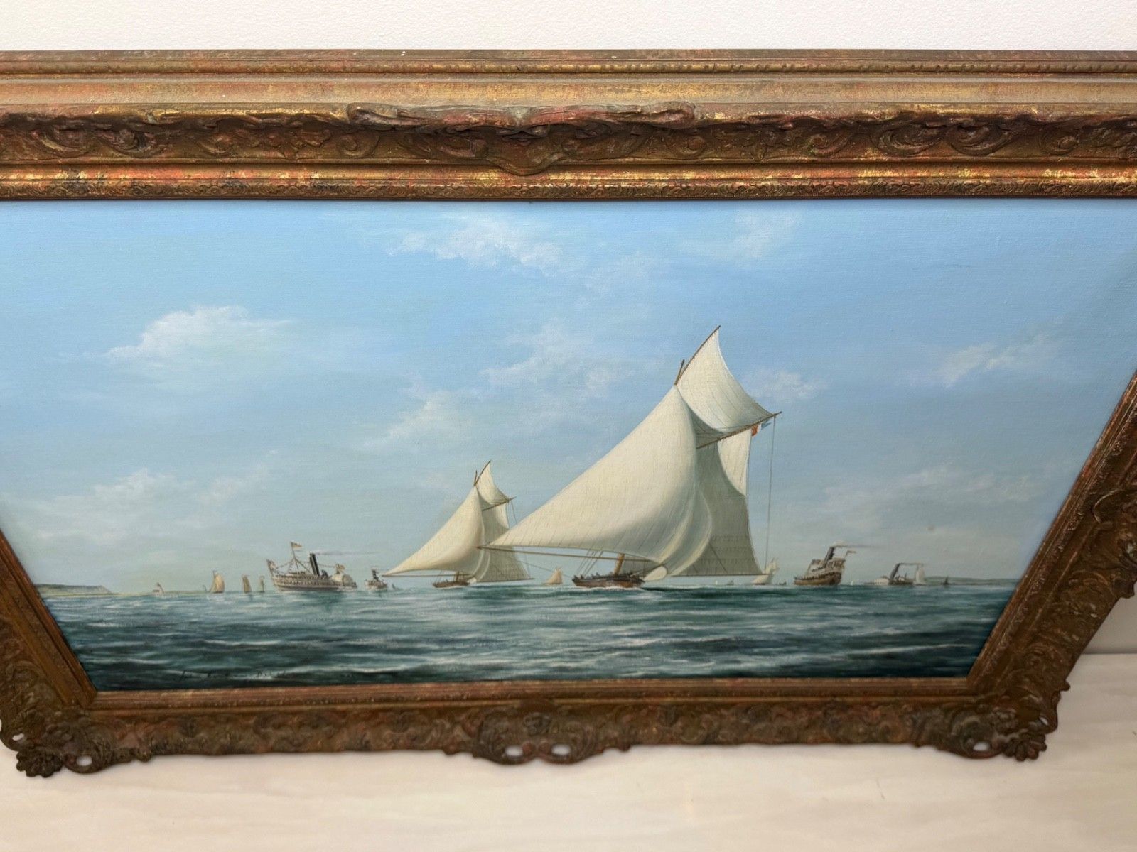 Maritiem 20e-eeuws olieverfschilderij op doek in lijst, The America's Cup 1881 Yacht Race, gesigneerd John Bentham Dinsdale photo vinterior