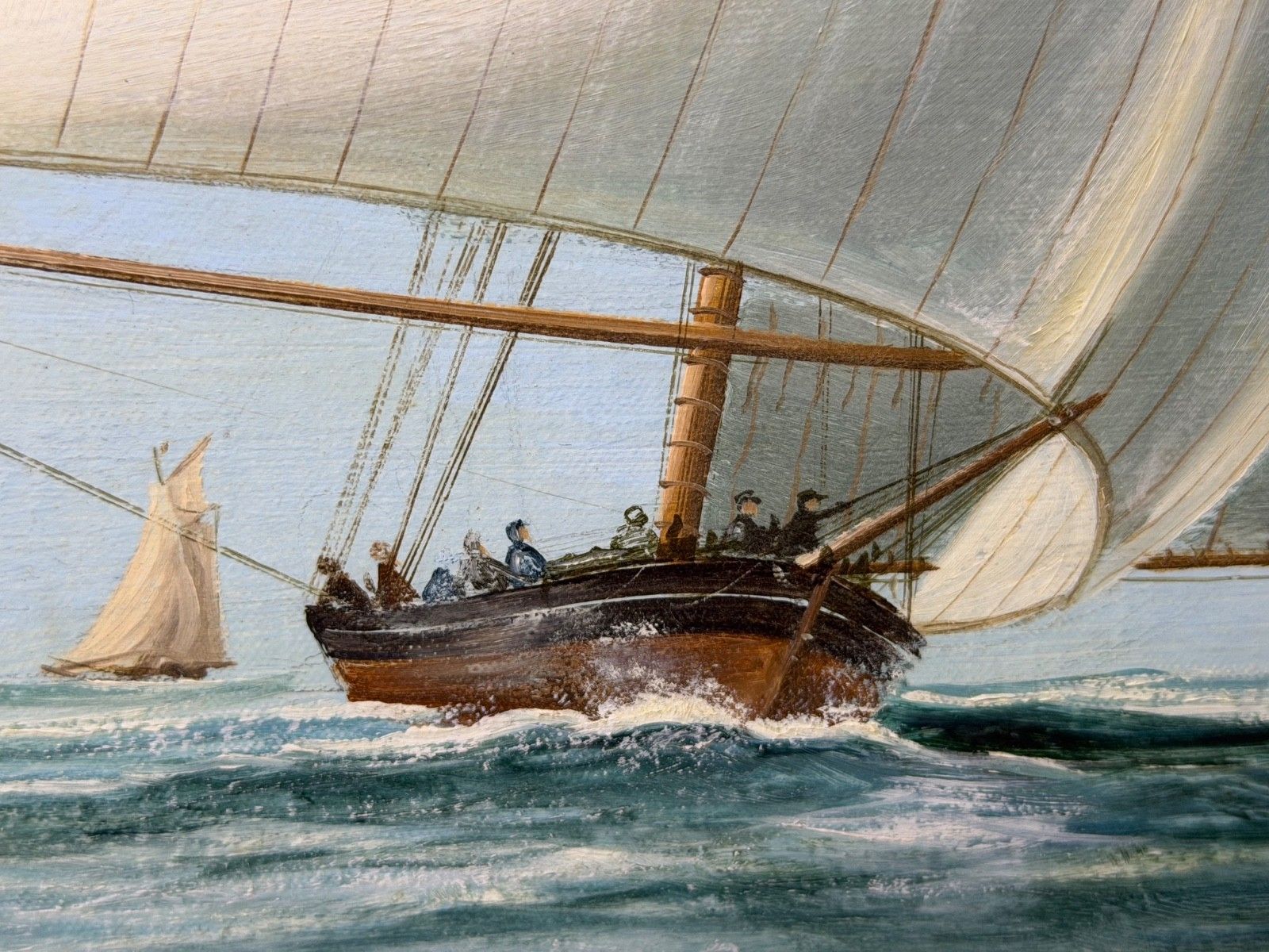 photo vintage Maritiem 20e-eeuws olieverfschilderij op doek in lijst, The America's Cup 1881 Yacht Race, gesigneerd John Bentham Dinsdale
