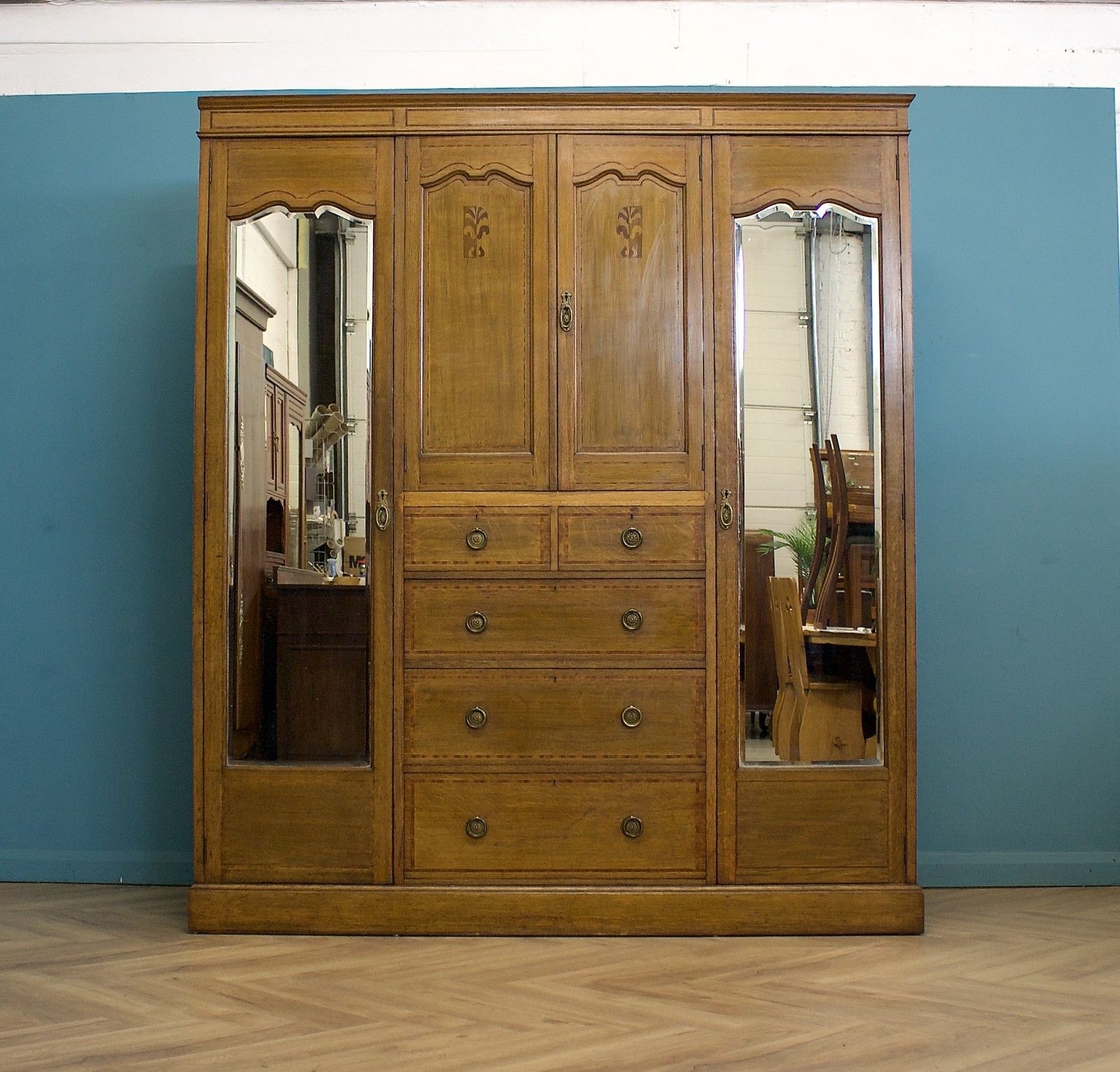 Antique Edwardian Mahogany And Satinwood Wardrobe, 1910s #1777