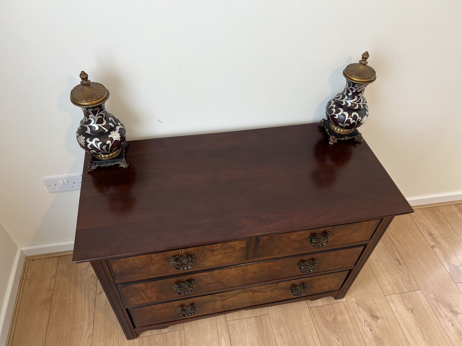 Antique Burr Walnut Chest Of Drawers 2 Over 2 Brass Handles Bedroom Storage photo 280.0