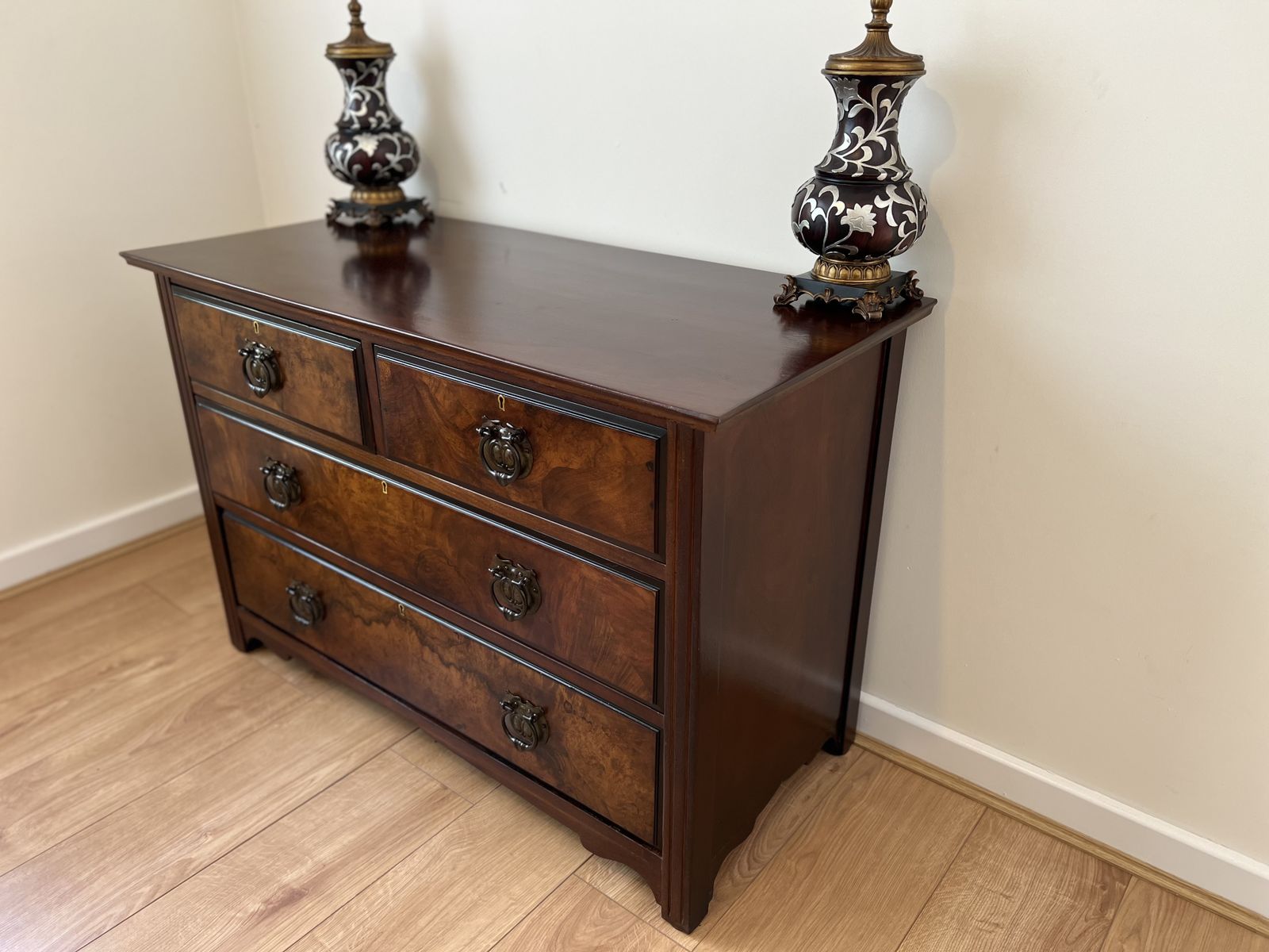 Antique Burr Walnut Chest Of Drawers 2 Over 2 Brass Handles Bedroom Storage photo buy