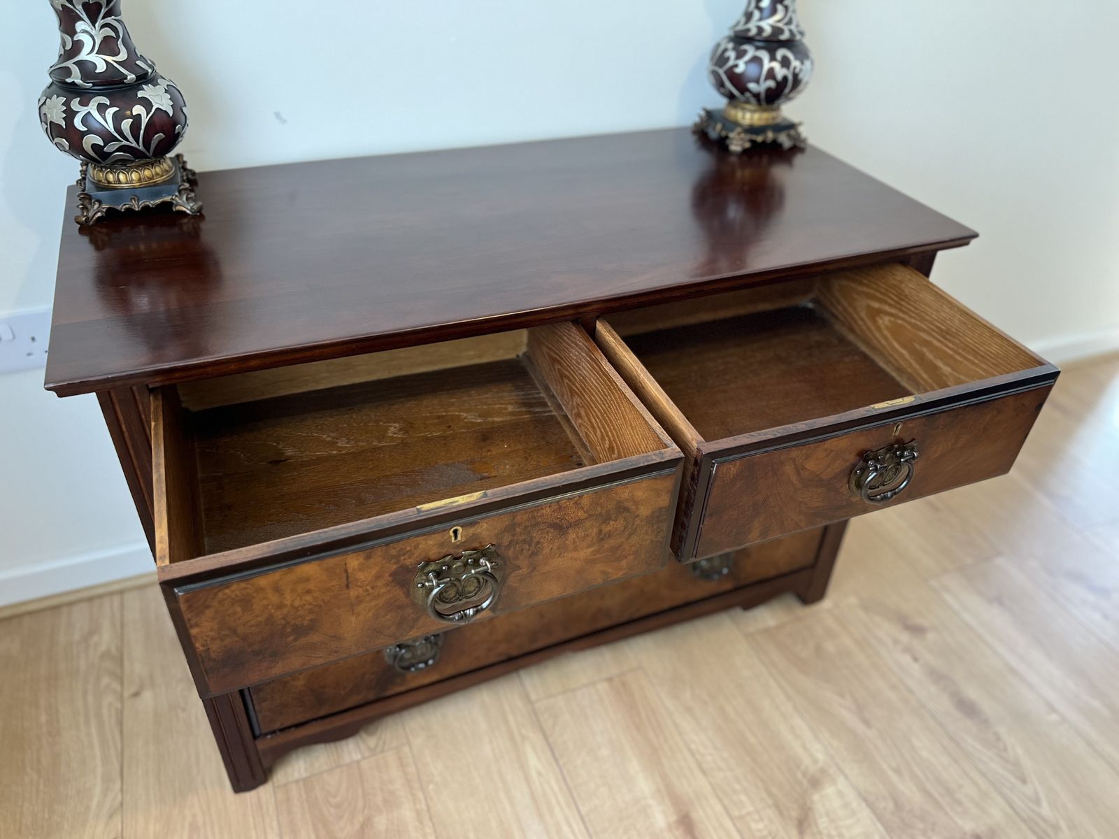 Antique Burr Walnut Chest Of Drawers 2 Over 2 Brass Handles Bedroom Storage photo furniture