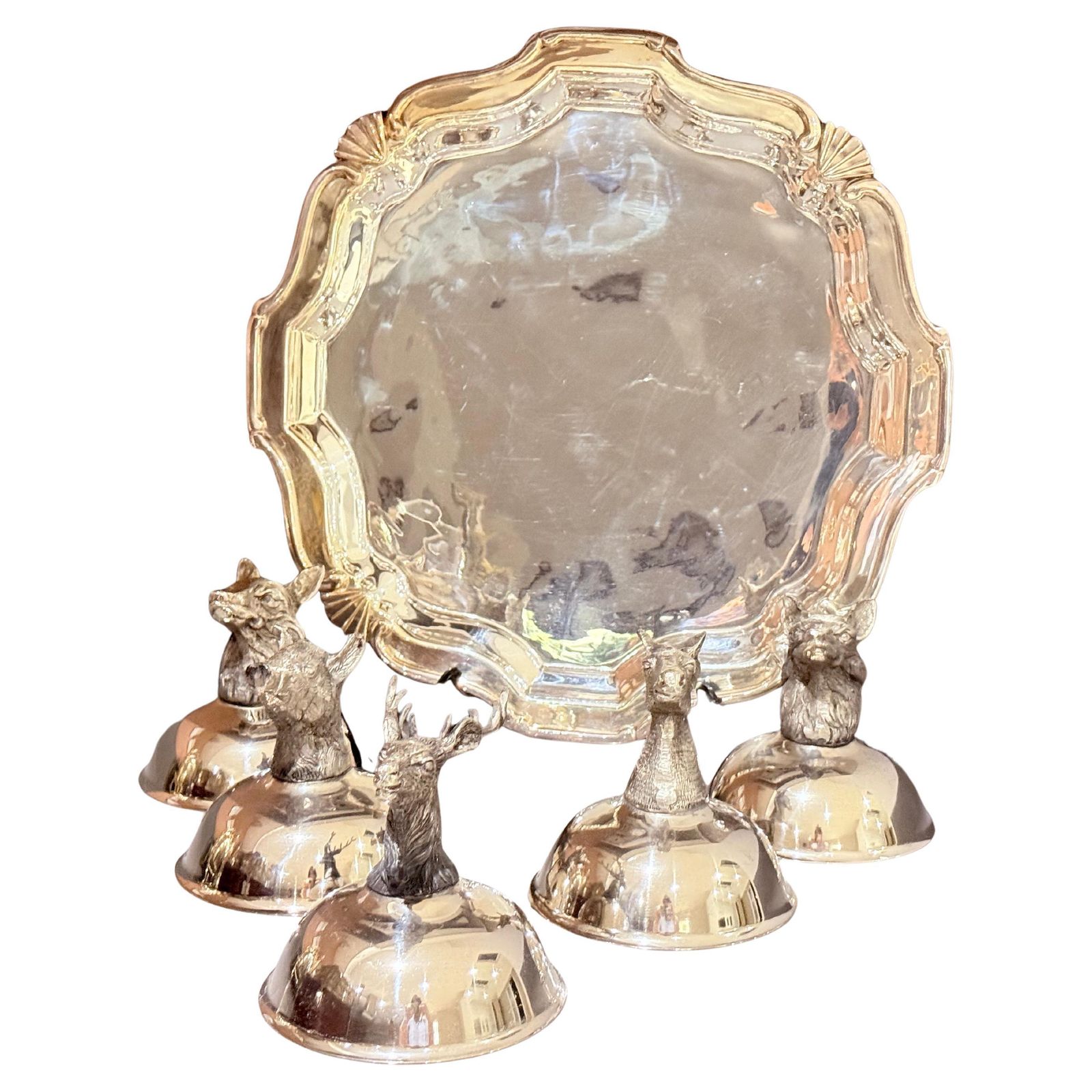 Italian Silver Plated Animal Head Liqueur Cups With Matching Serving Tray Set 6 photo furniture