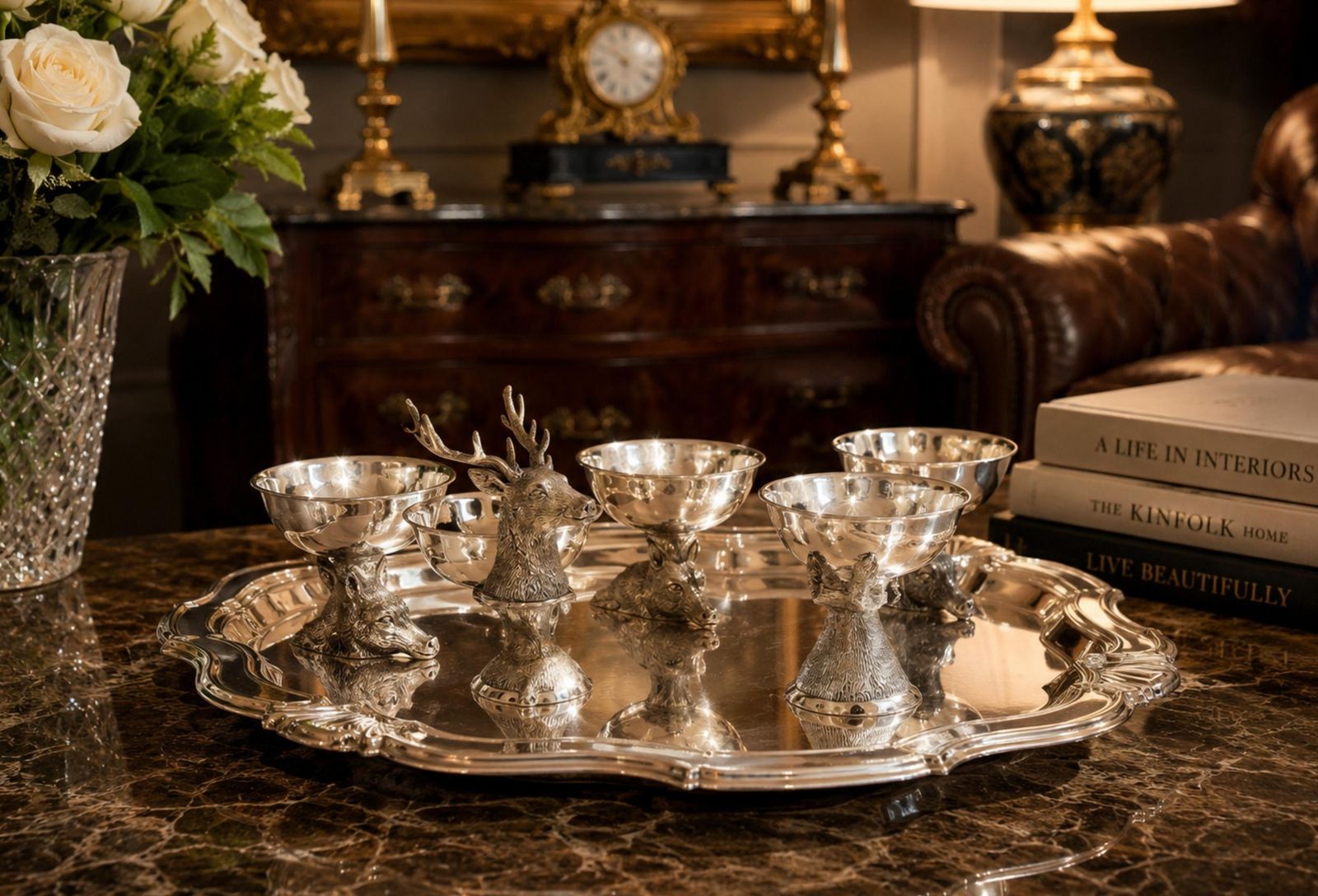 photo for sale Italian Silver Plated Animal Head Liqueur Cups With Matching Serving Tray Set 6