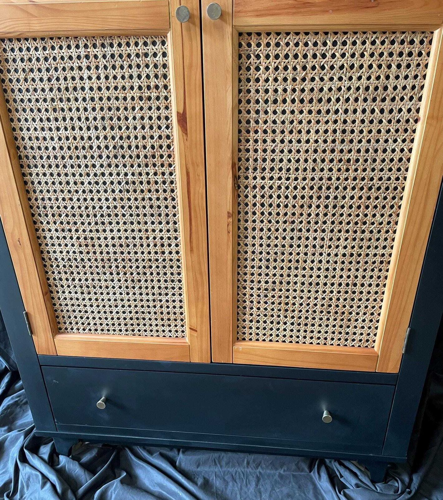 Mid Century Inspired Cane Wardrobe, Pine Armoire, Rattan Fronted Storage Cabinet, Boho Furniture photo vinterior