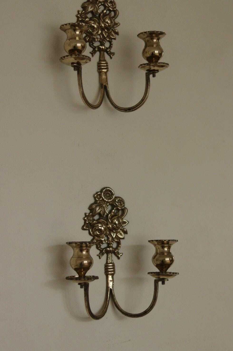 Pair Of Antique Swedish  Brass Sconces photo vintage
