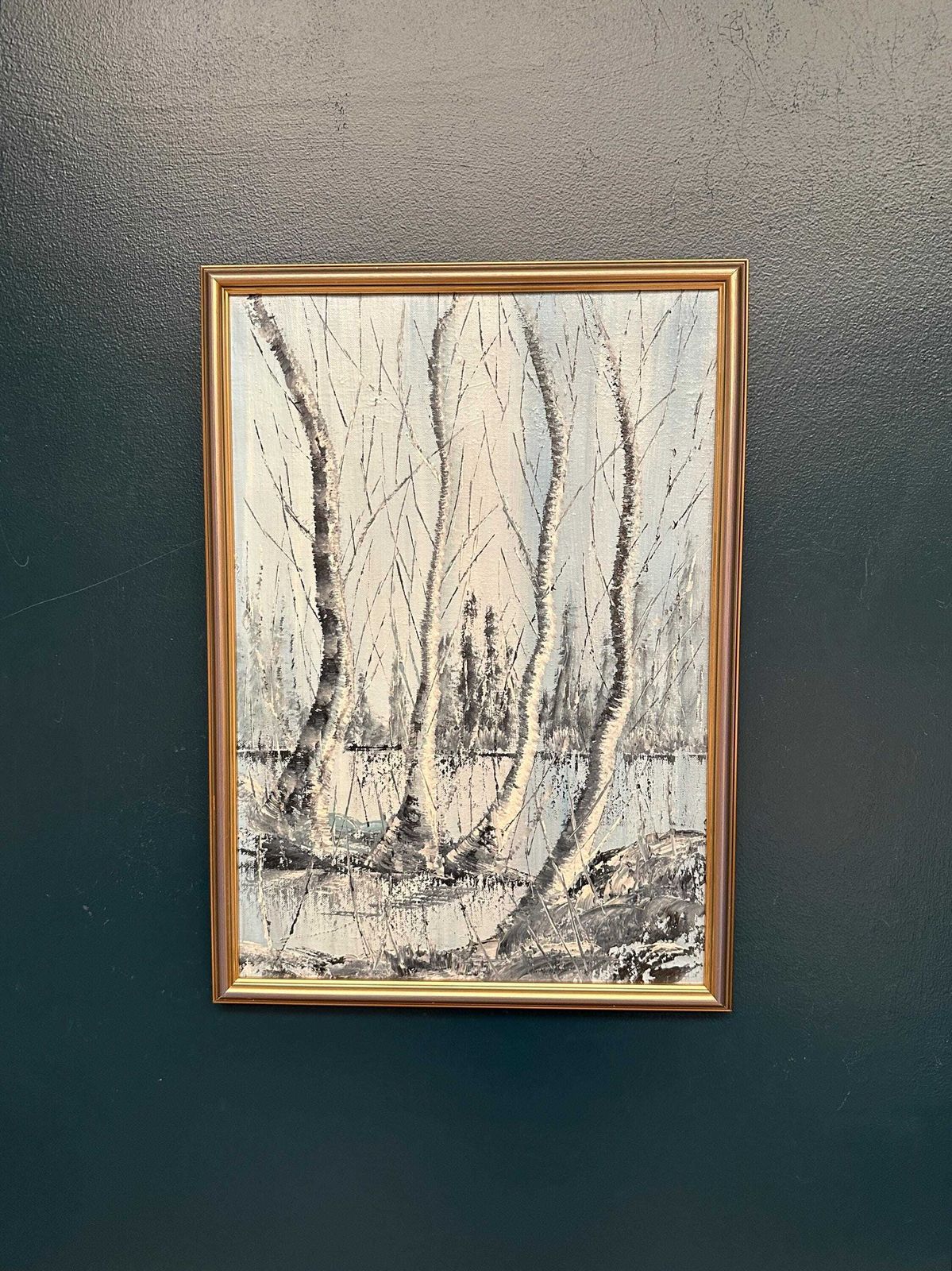 Mid Century Scandinavian Oil Painting – Trees By Gunnar Lundén Vintage & Framed 42 × 57 Cm photo furniture
