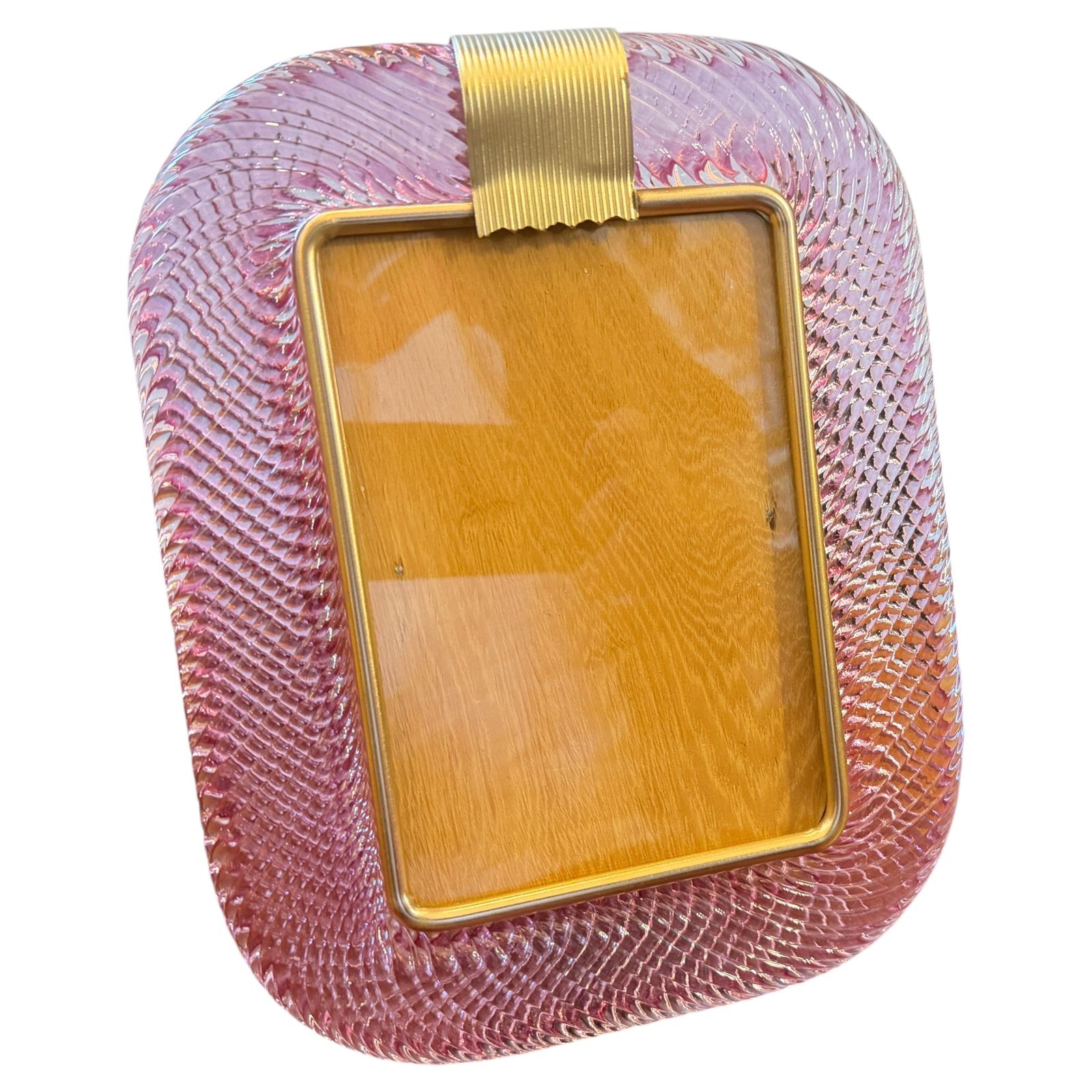 1990s Barovier Style Art Deco Pink Murano Glass And Brass Picture Frame