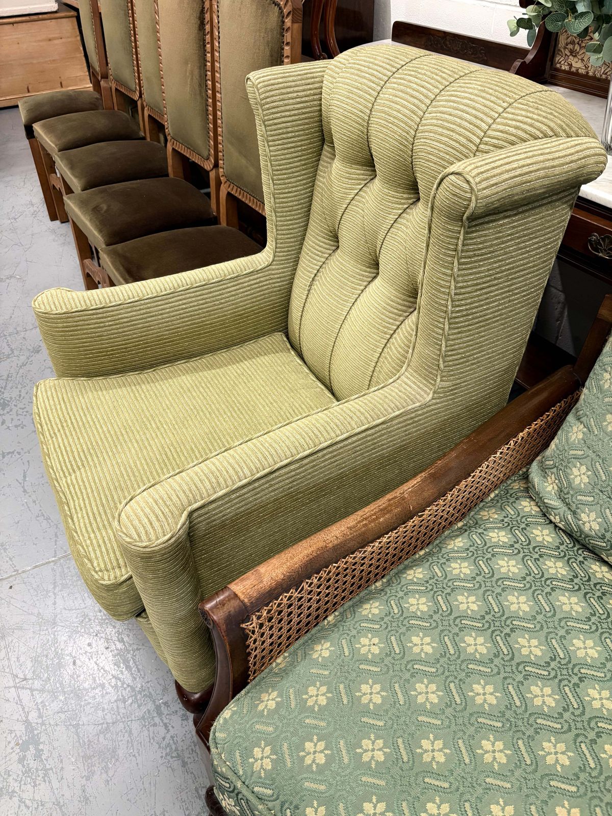 Antique Soft Green Wingback Upright Armchair On Castors & Cabriole Legs Uk Delivery photo vinterior