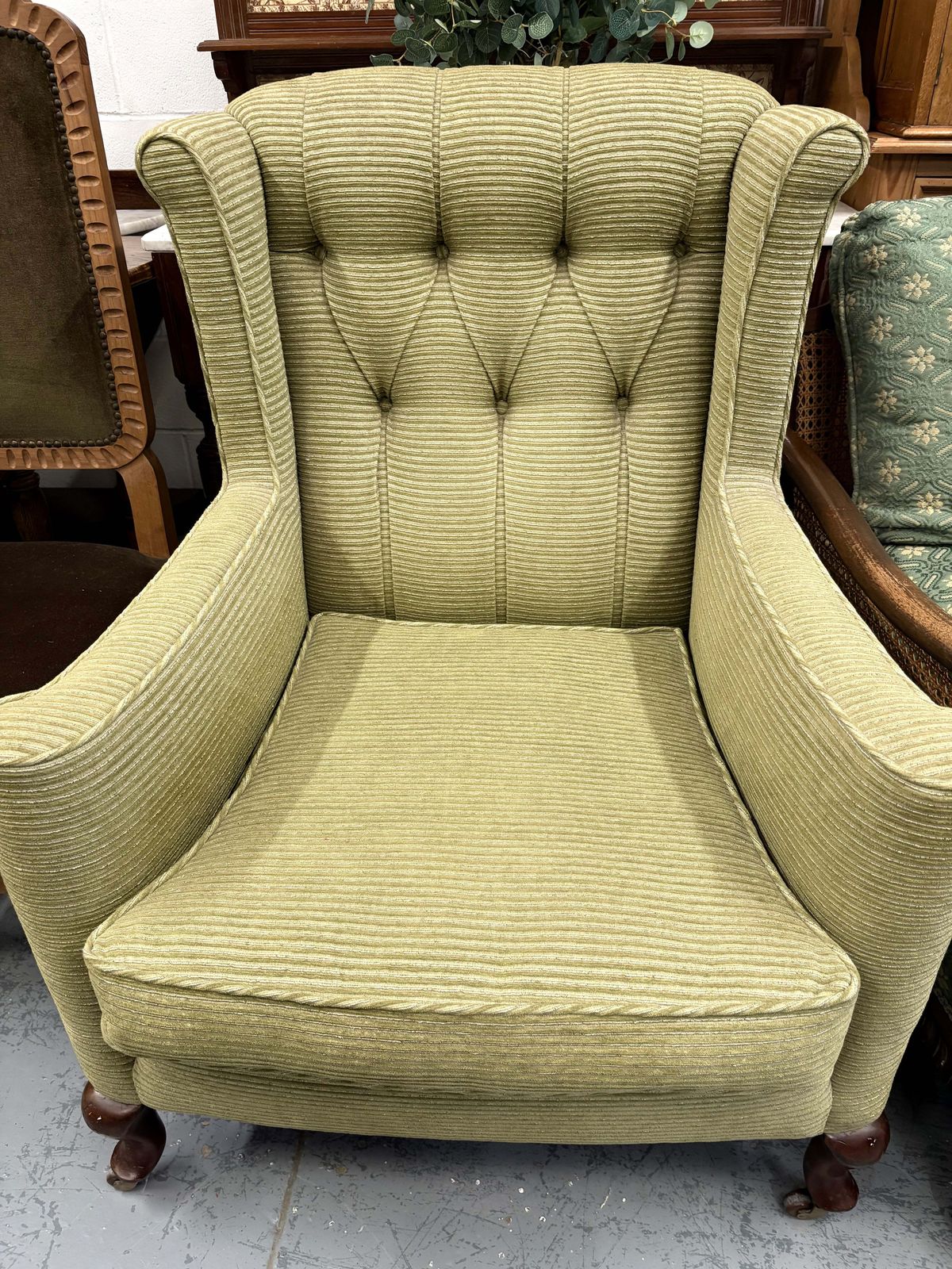 Antique Soft Green Wingback Upright Armchair On Castors & Cabriole Legs Uk Delivery photo buy