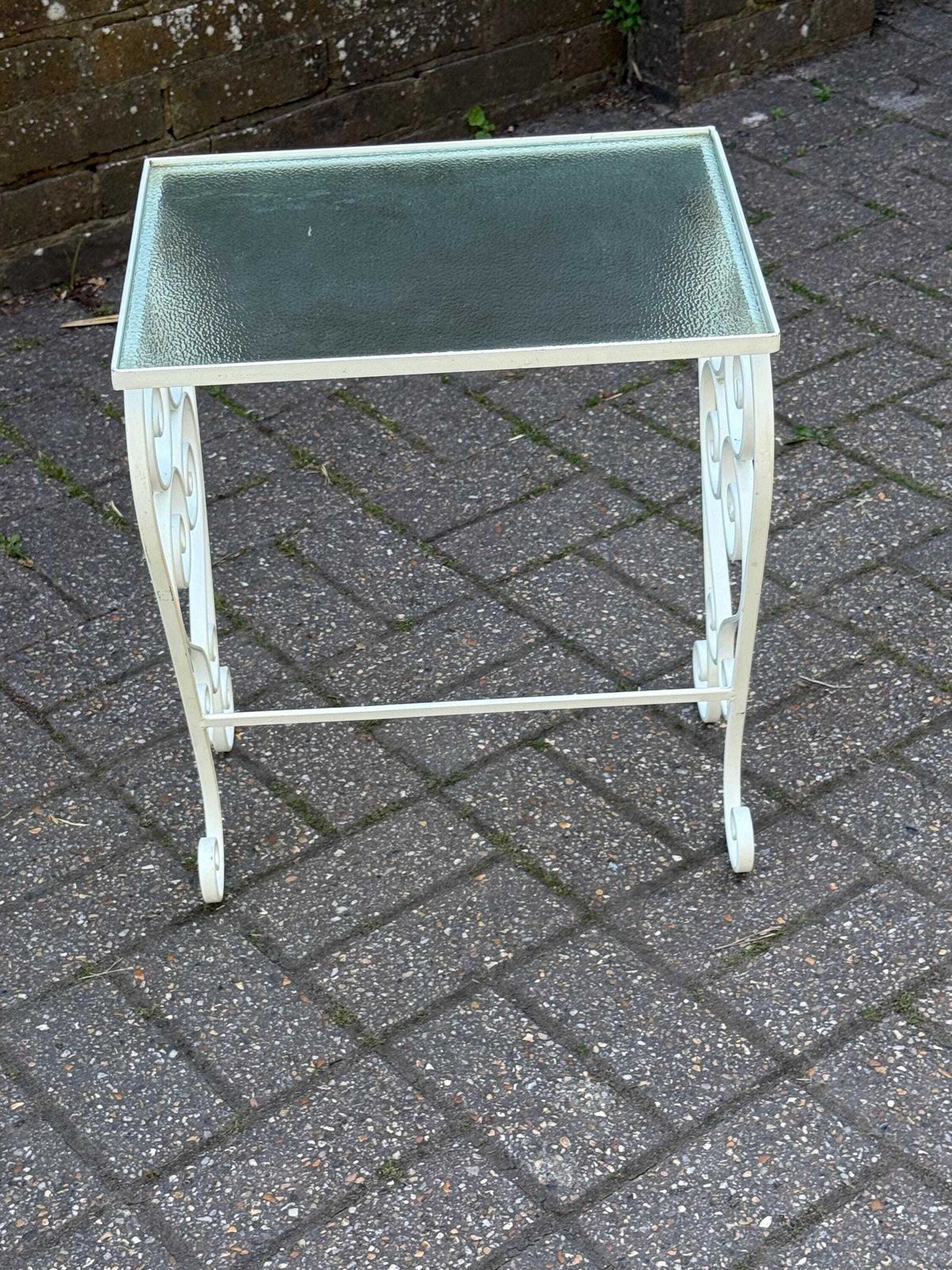Vintage 1970s Wrought Iron Side Table With Textured Glass Top M photo Furniture