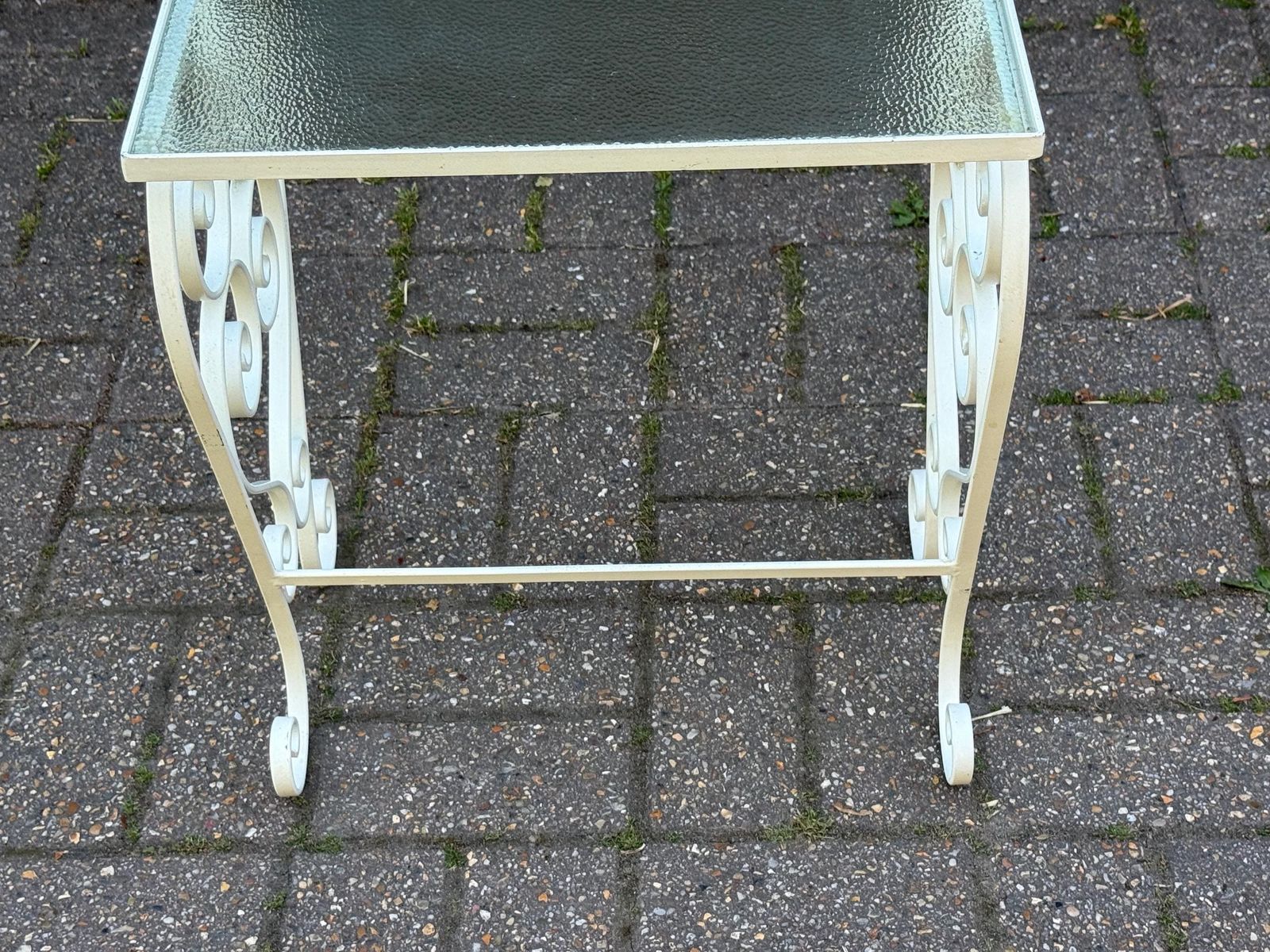 photo for sale Vintage 1970s Wrought Iron Side Table With Textured Glass Top M