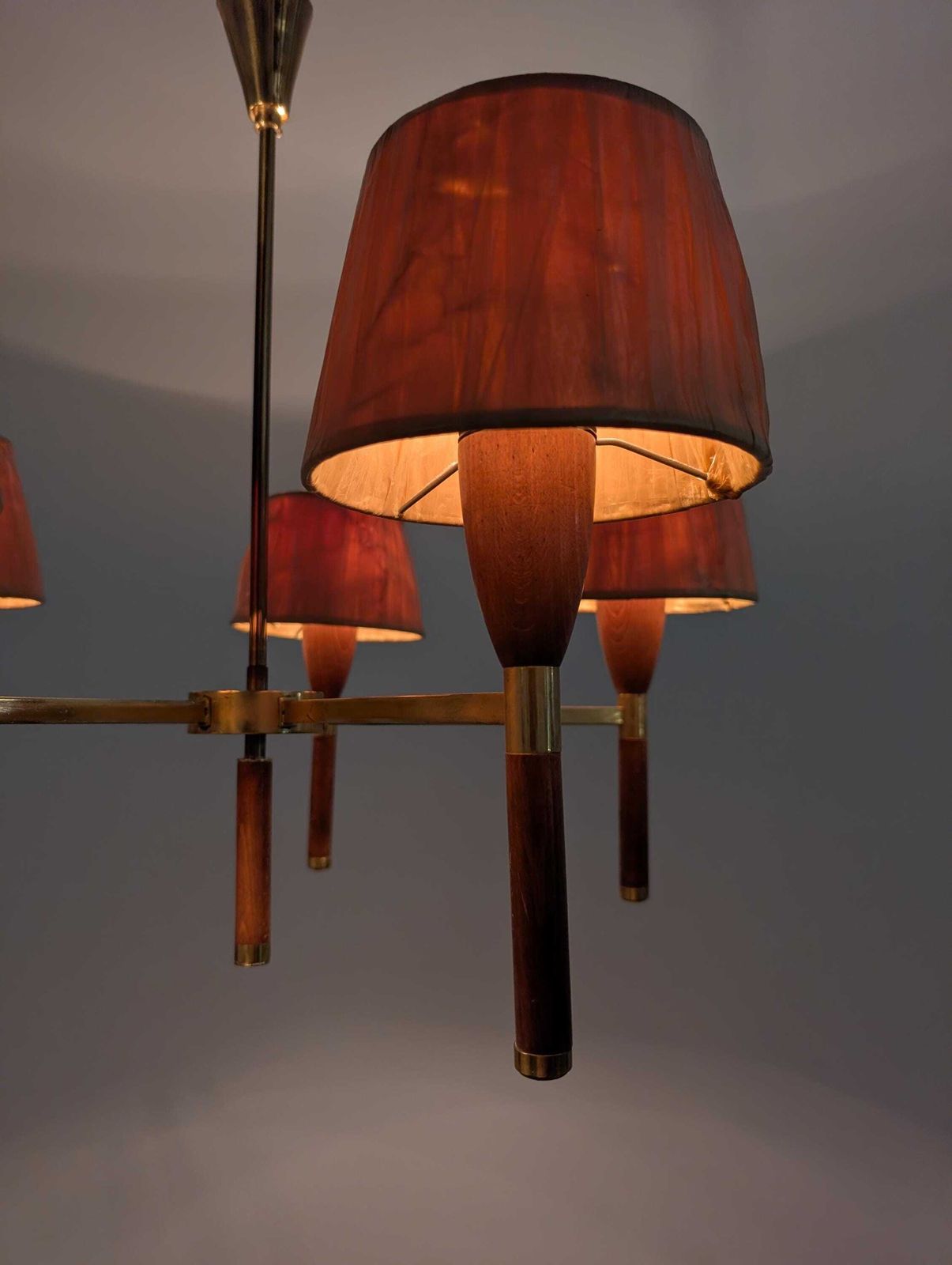 Danish Five Arm Lamp In Wood And Brass, 1950s photo Lighting