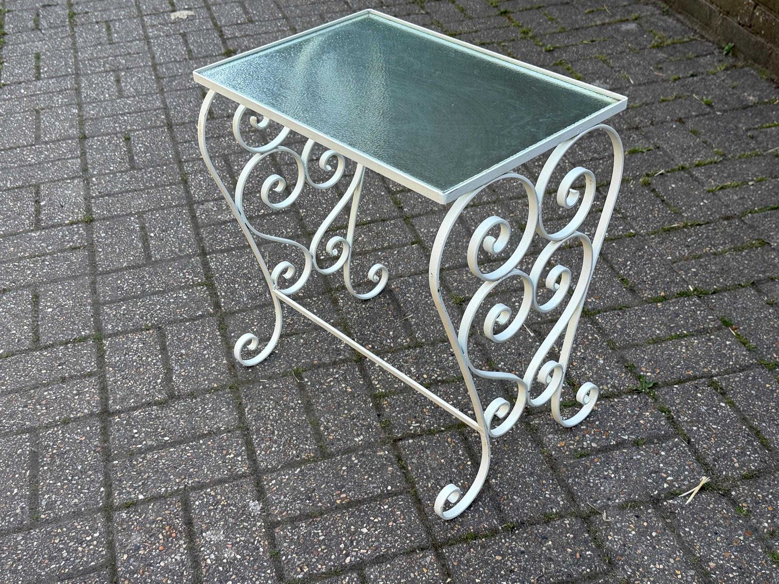 Vintage 1970s Wrought Iron Side Table With Textured Glass Top L photo furniture
