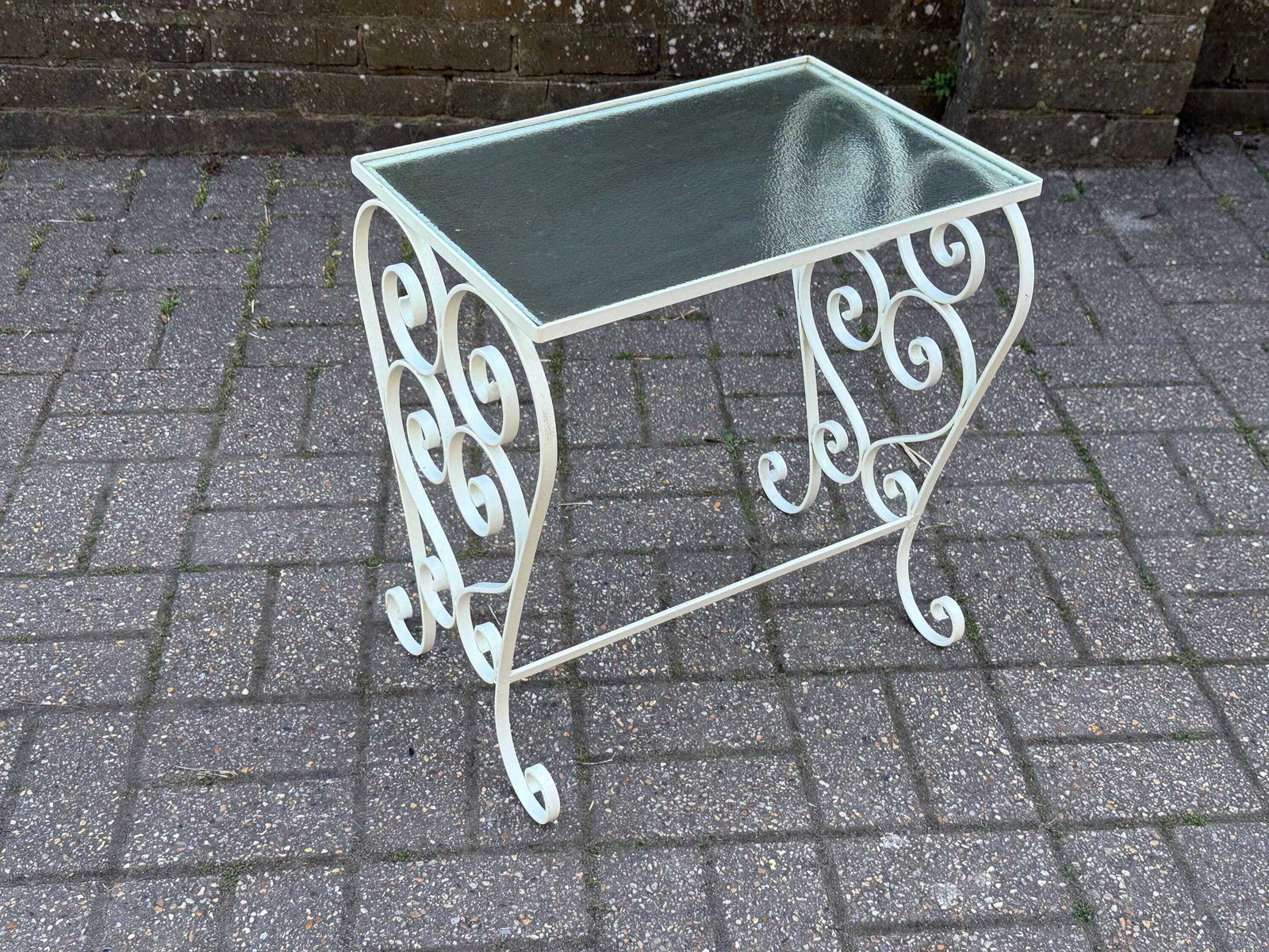 Vintage 1970s Wrought Iron Side Table With Textured Glass Top L photo vintage